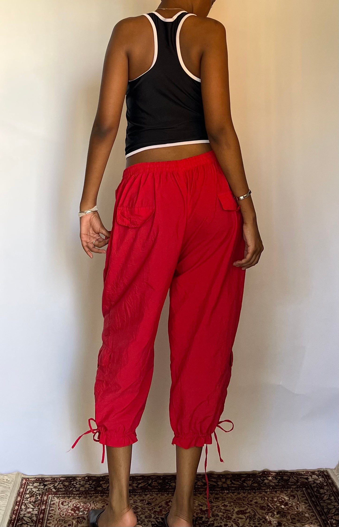 Red parachute capri pants