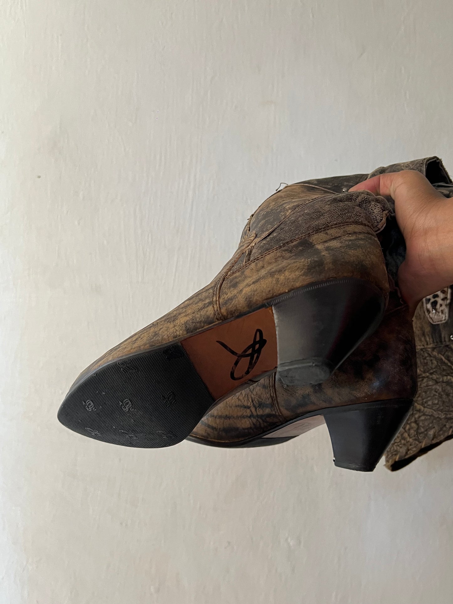 Thigh high animal print patch work boots