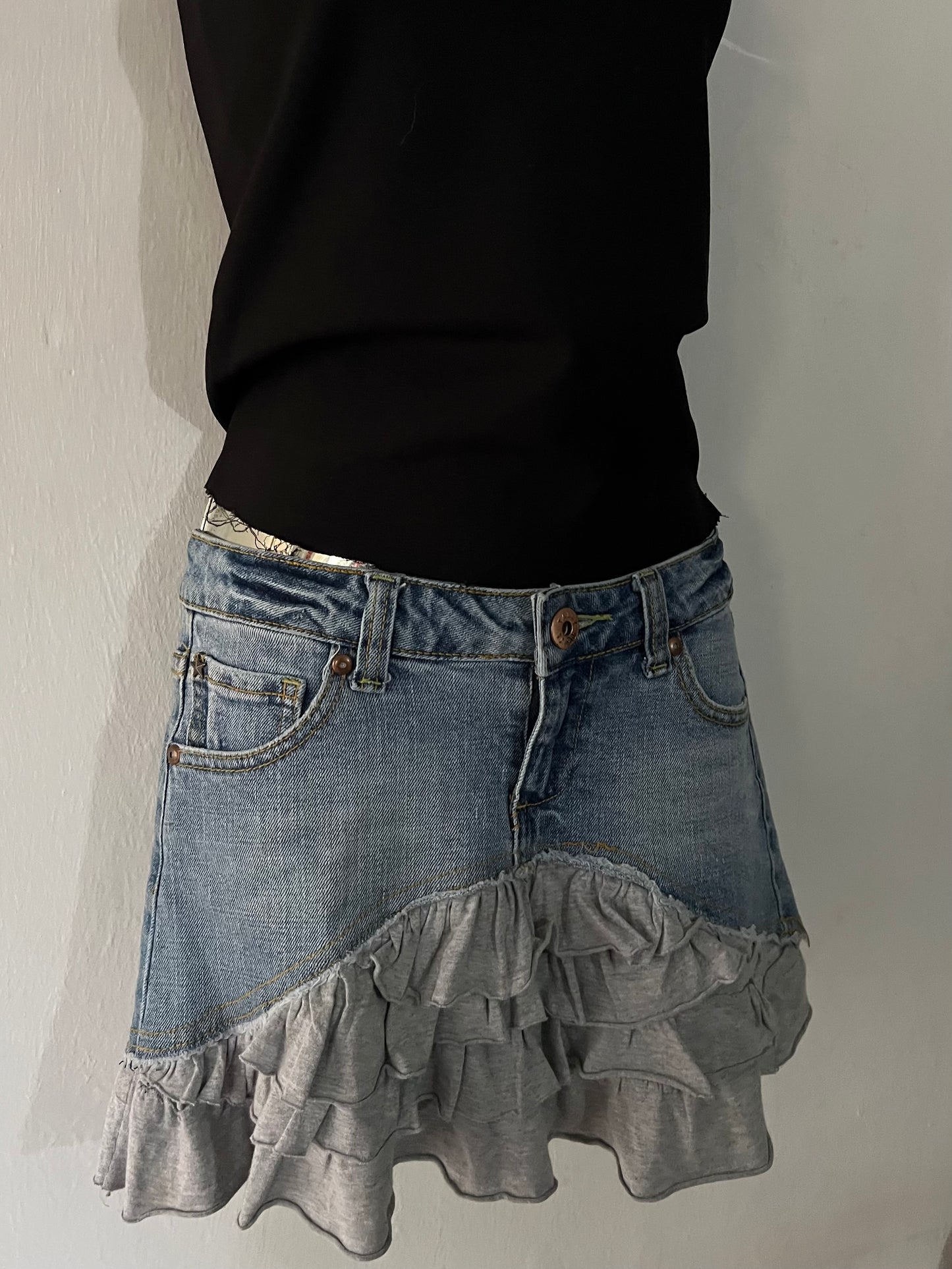 Reworked denim mini skirt
