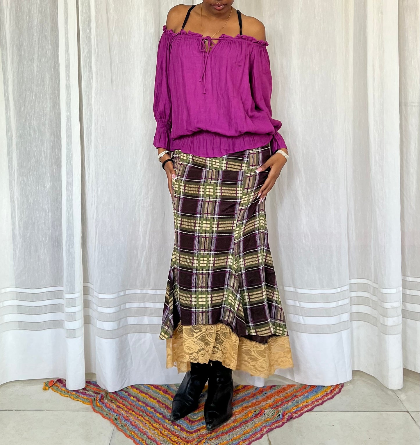 Plaid Lace Trim Silk Midi Skirt