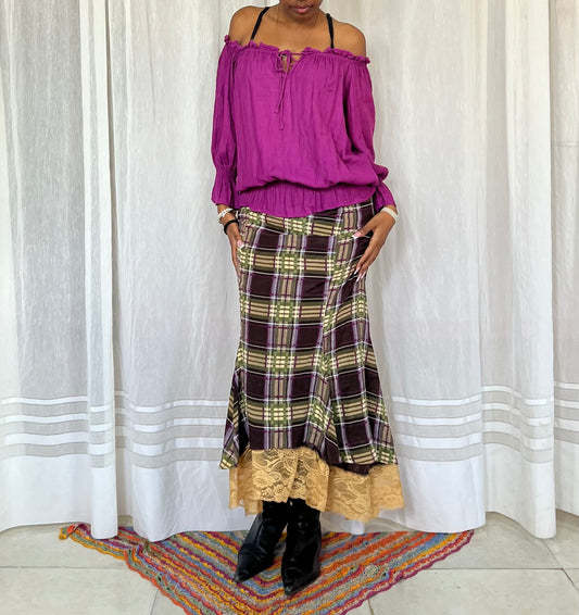 Plaid Lace Trim Silk Midi Skirt