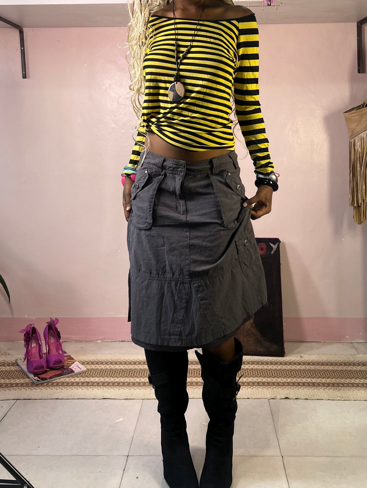 Y2K Striped Top & Utility Skirt Set