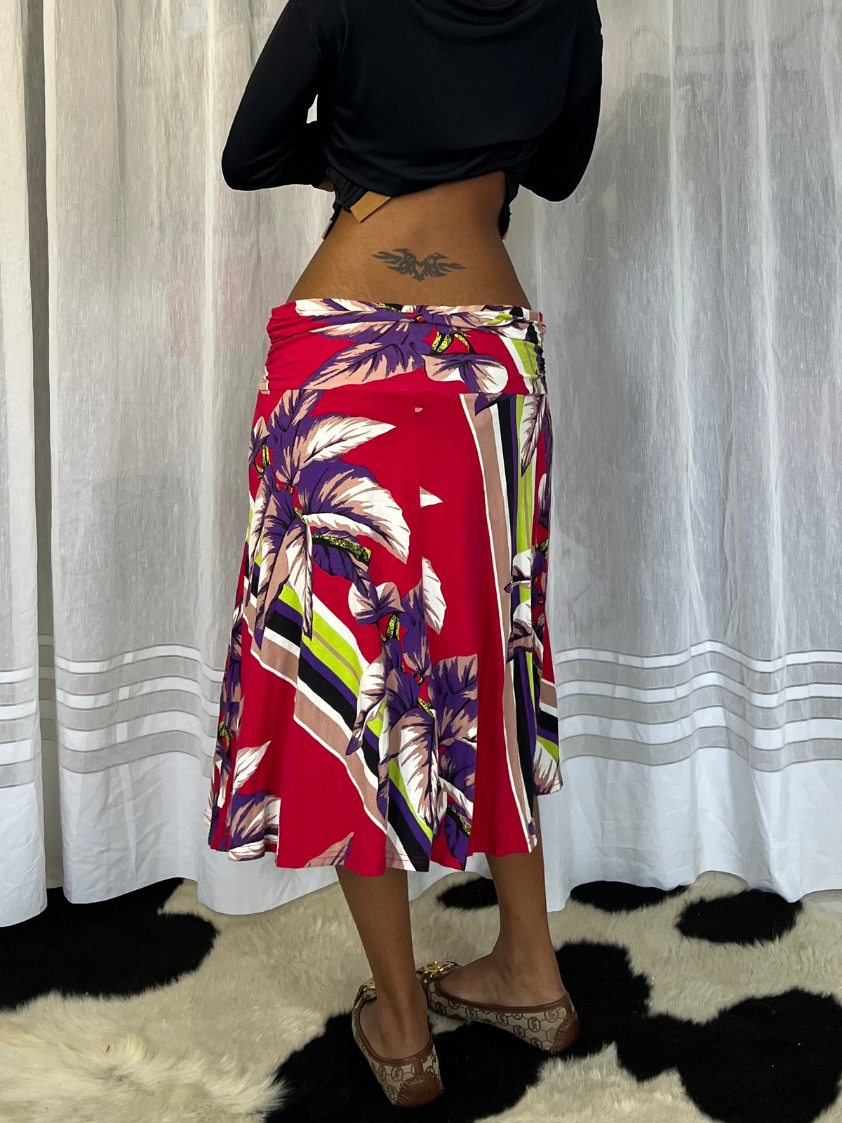 Magenta floral print midi skirt