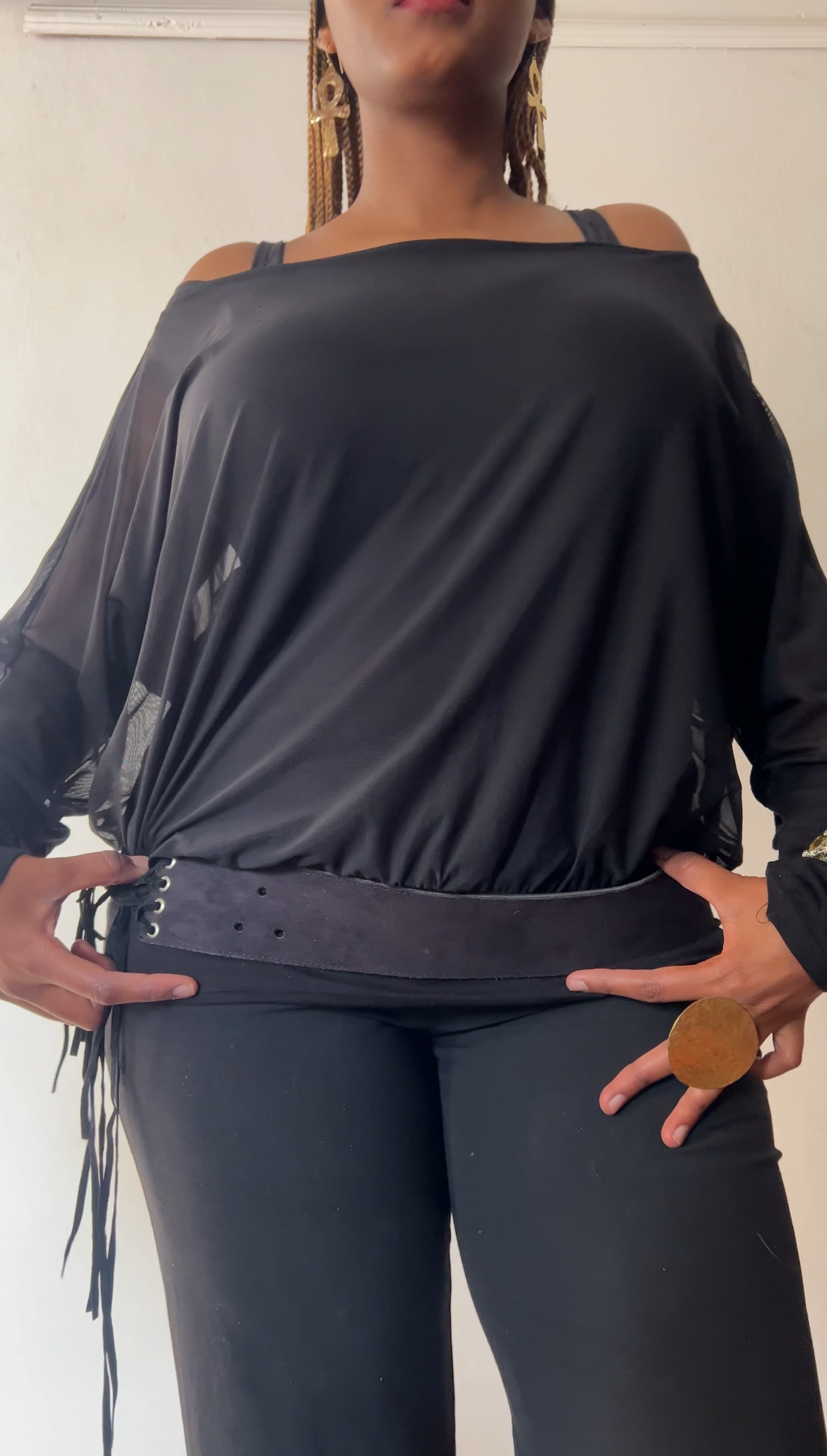 Black wide fitted suede fringe belt