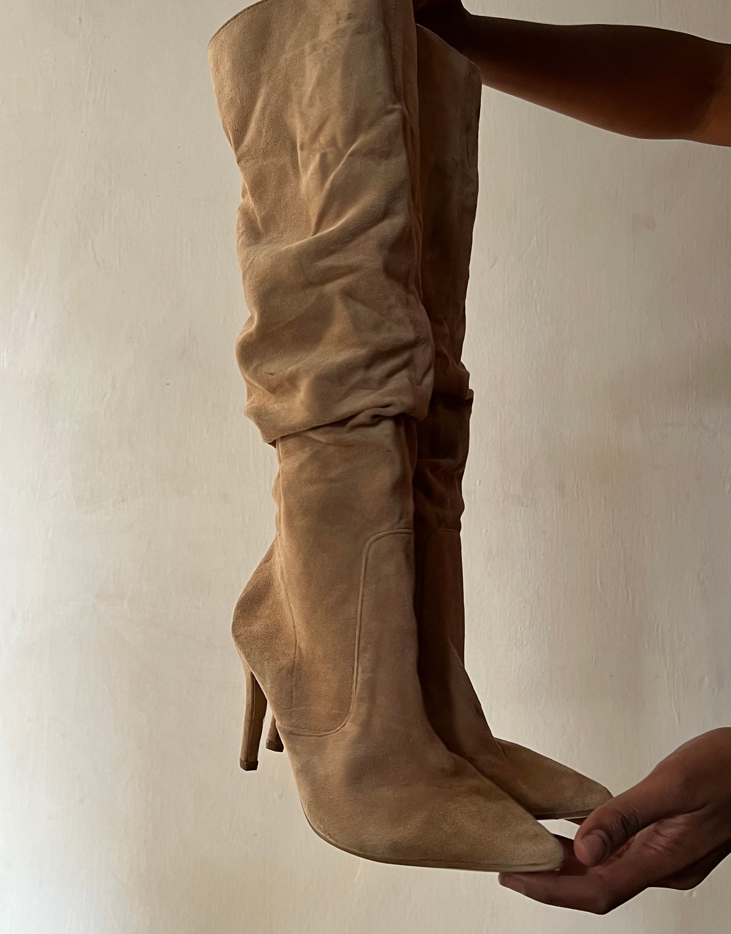 Beige suede ruched boots