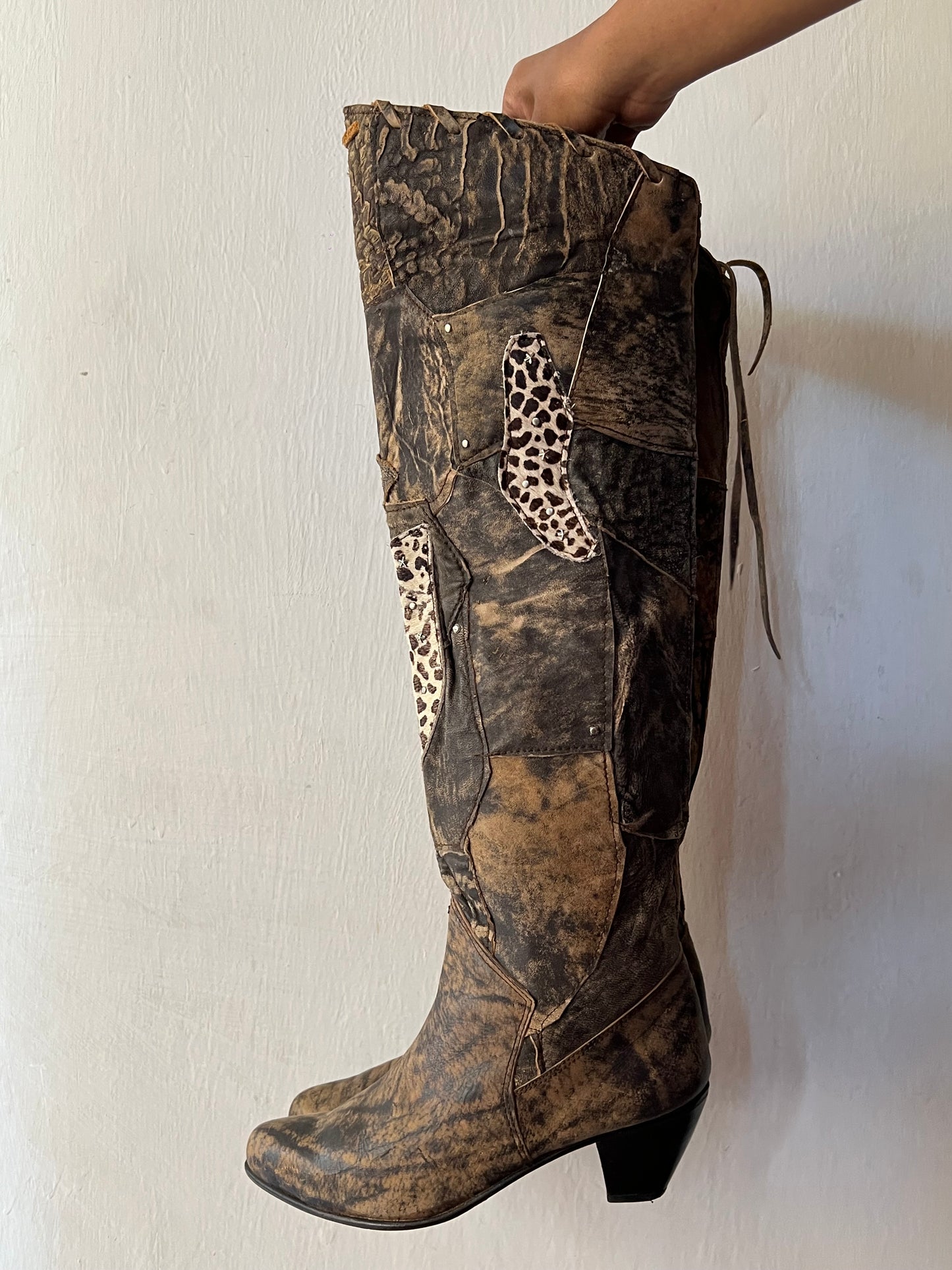 Thigh high animal print patch work boots