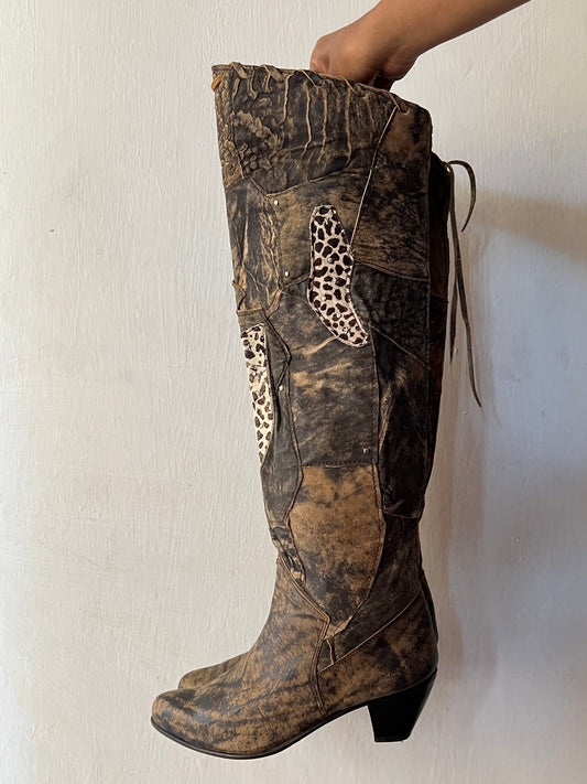 Thigh high animal print patch work boots