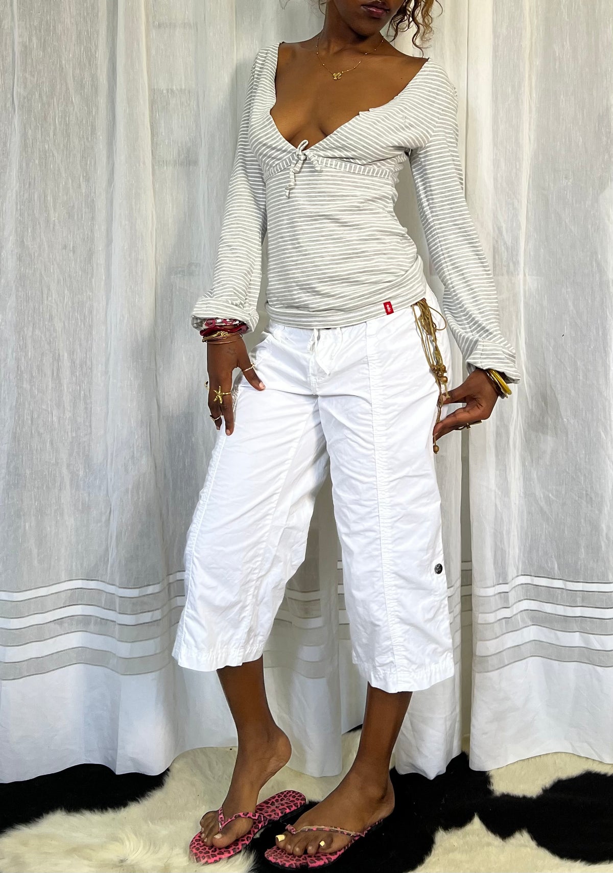Grey & White Striped Wrap Top