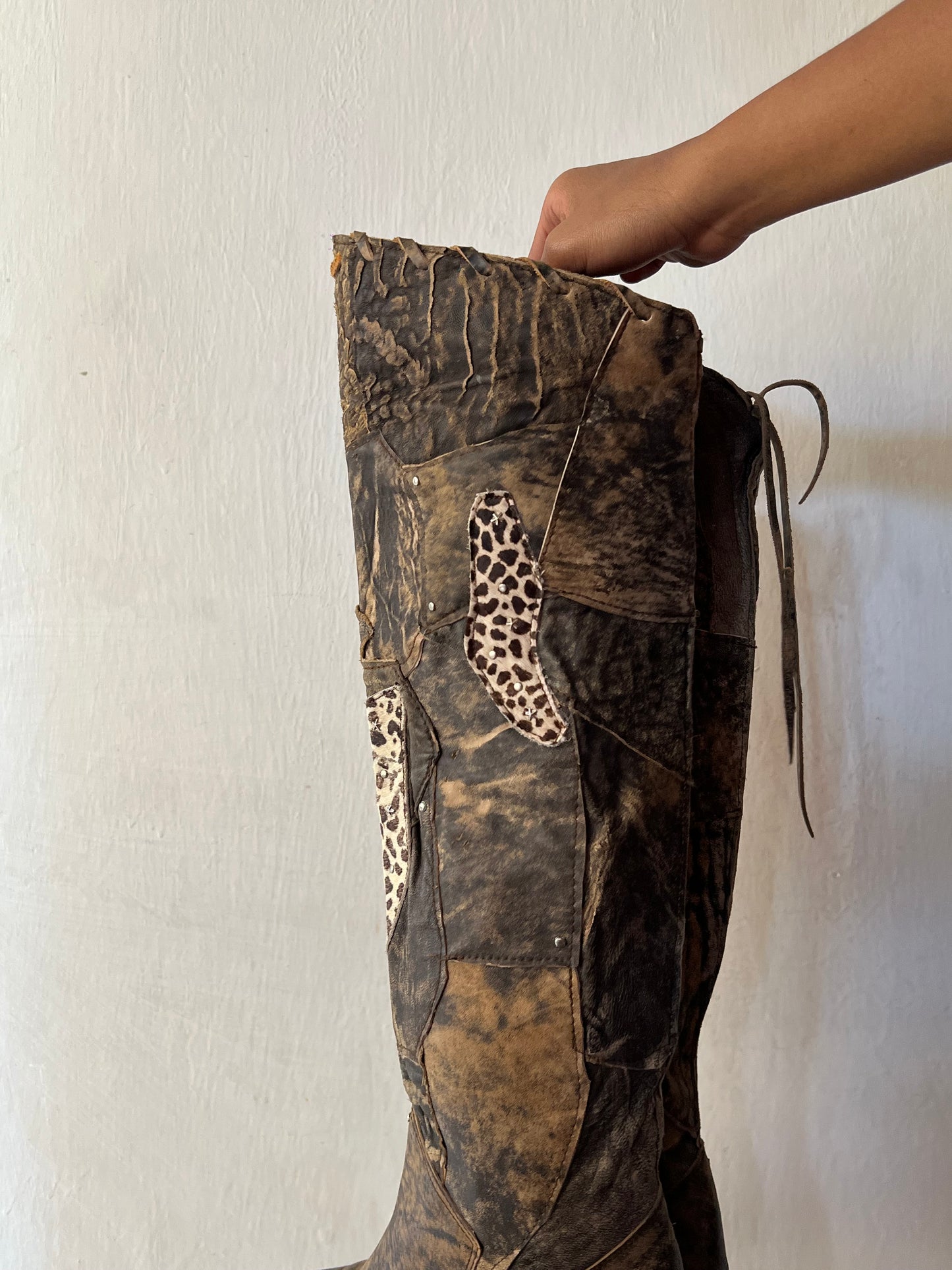 Thigh high animal print patch work boots