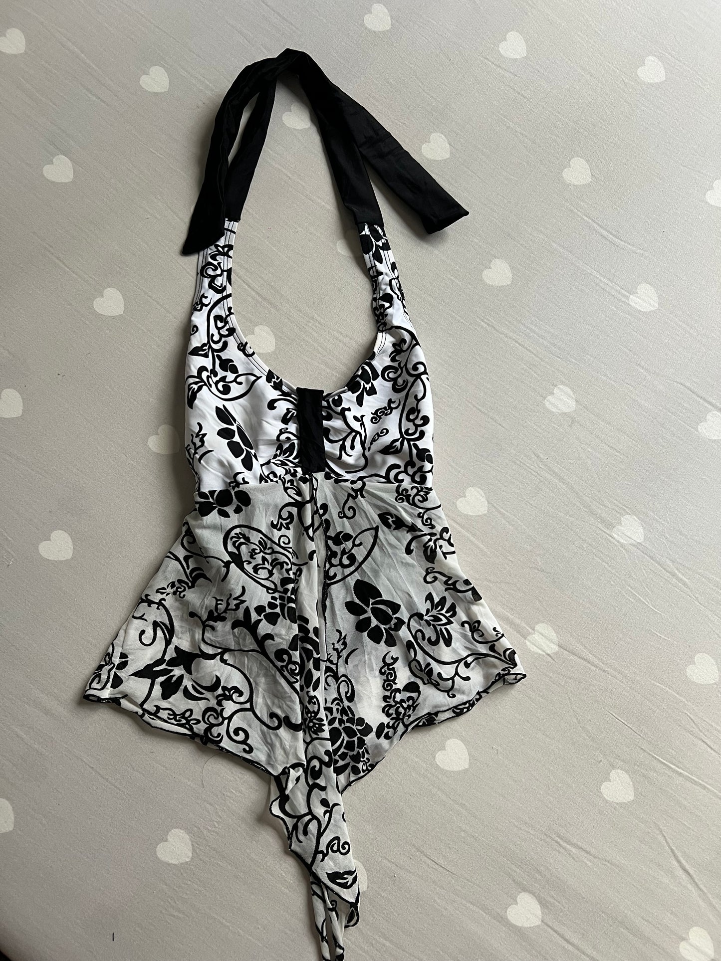 Asymmetrical floral mesh top