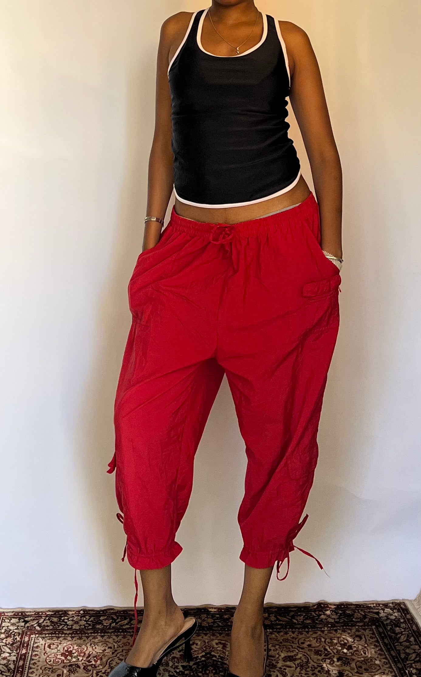 Red parachute capri pants