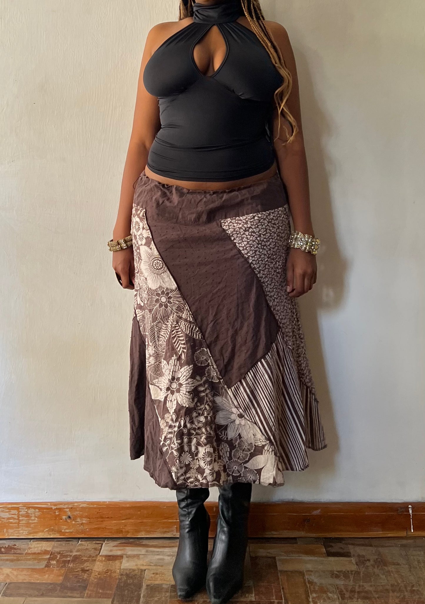 Earthy patchwork maxi skirt