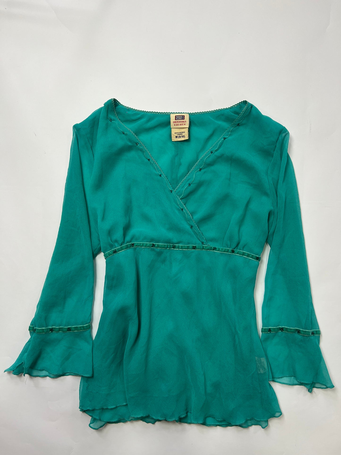 Sheer Beaded Bell Sleeve Blouse