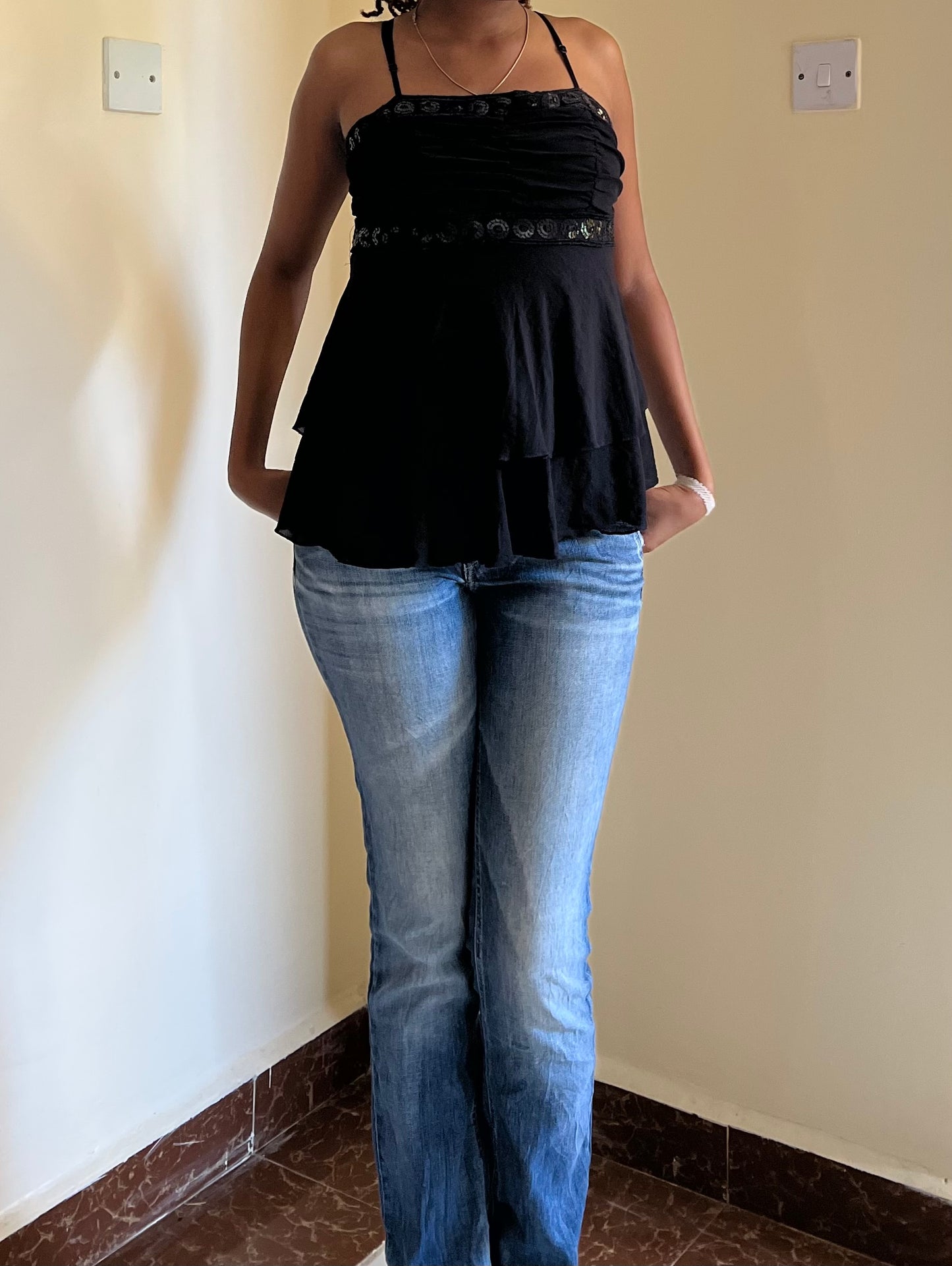 Tiered sequined baby doll cami top