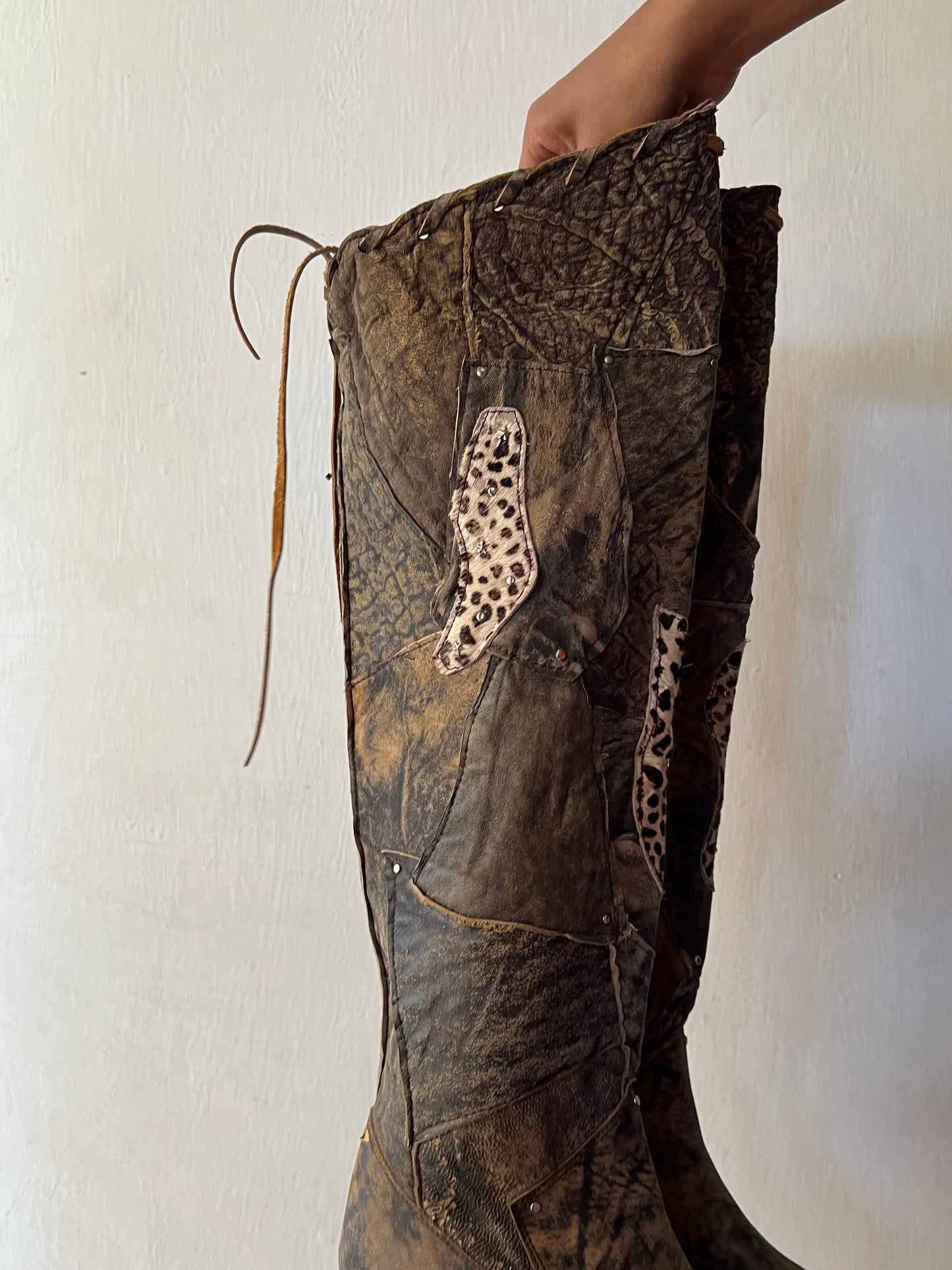 Thigh high animal print patch work boots