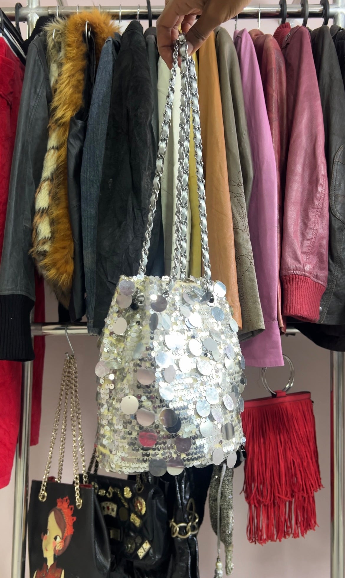 Sequin bucket bag