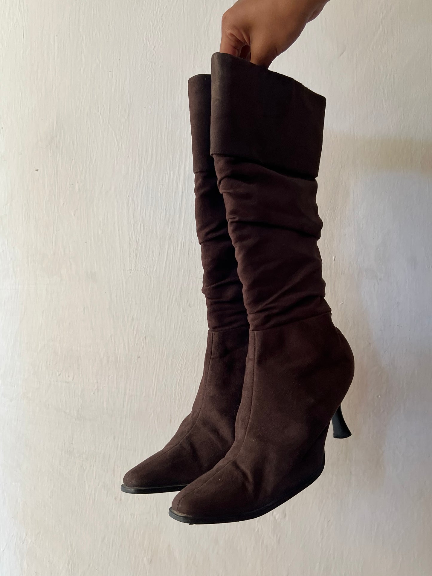 Leather-suede ruched boots