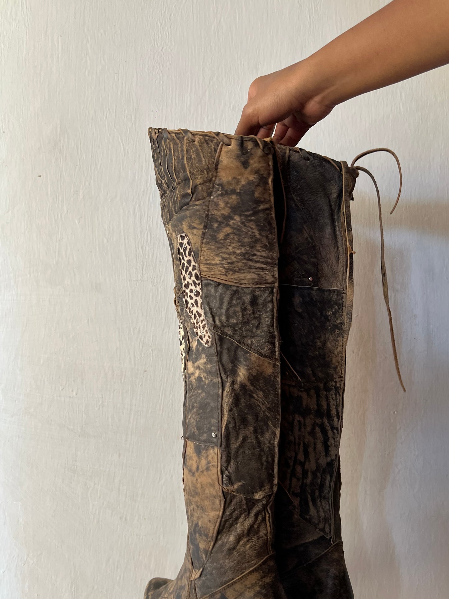 Thigh high animal print patch work boots