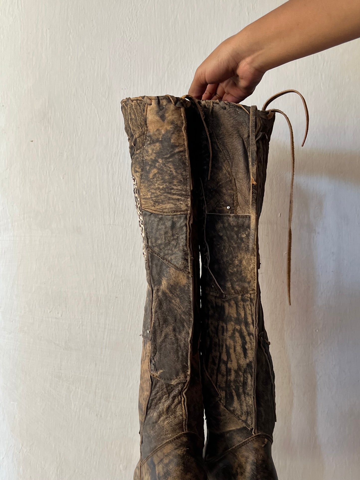 Thigh high animal print patch work boots