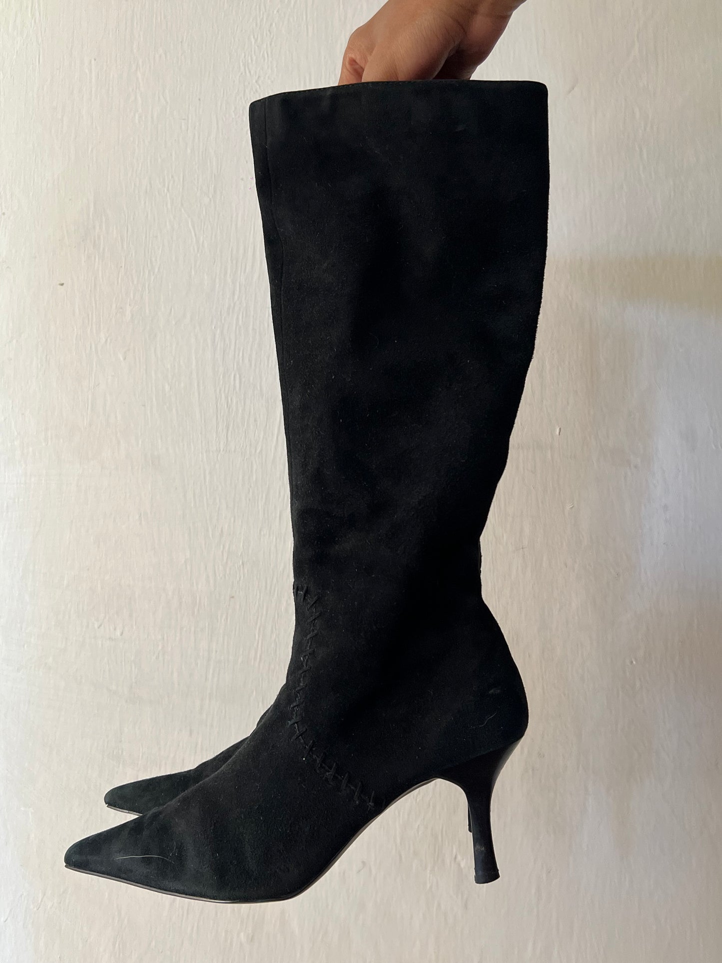 Black pointy toe knee high boots