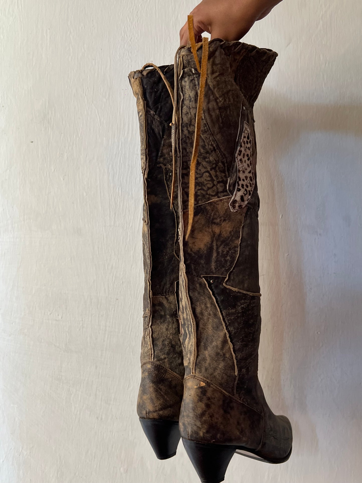 Thigh high animal print patch work boots