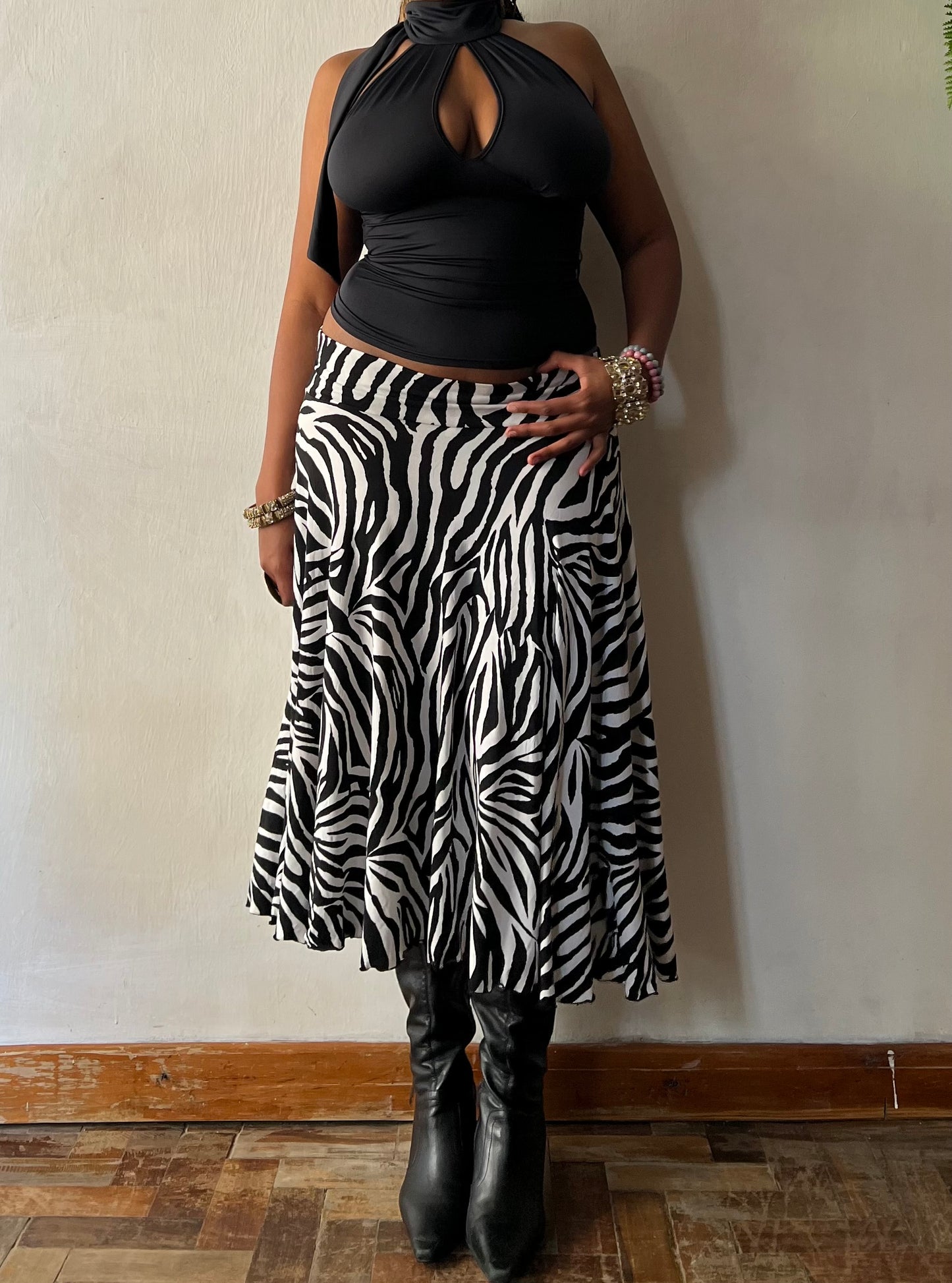 Zebra Print Slinky Midi Skirt