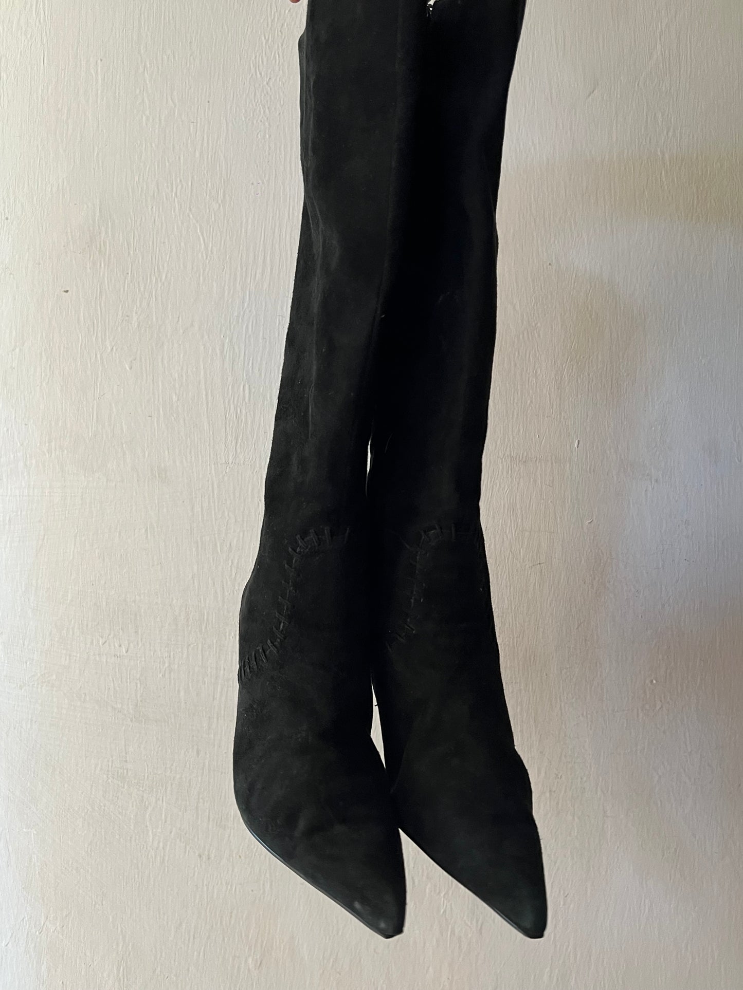 Black pointy toe knee high boots