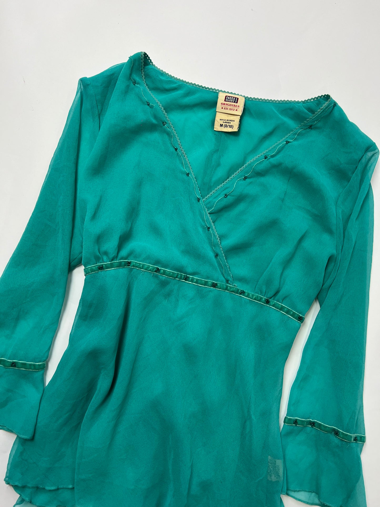 Sheer Beaded Bell Sleeve Blouse