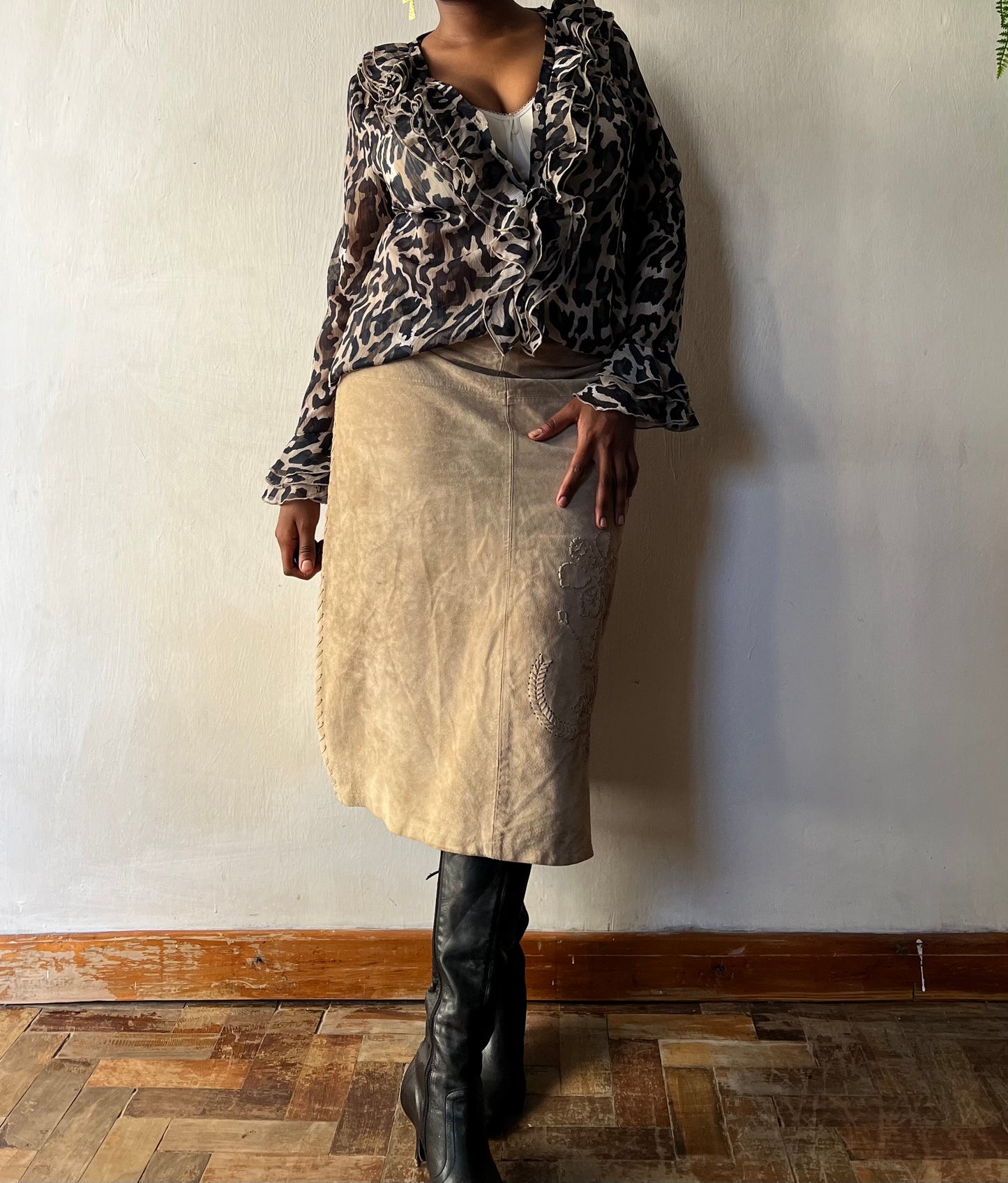 Suede/leather structured midi skirt