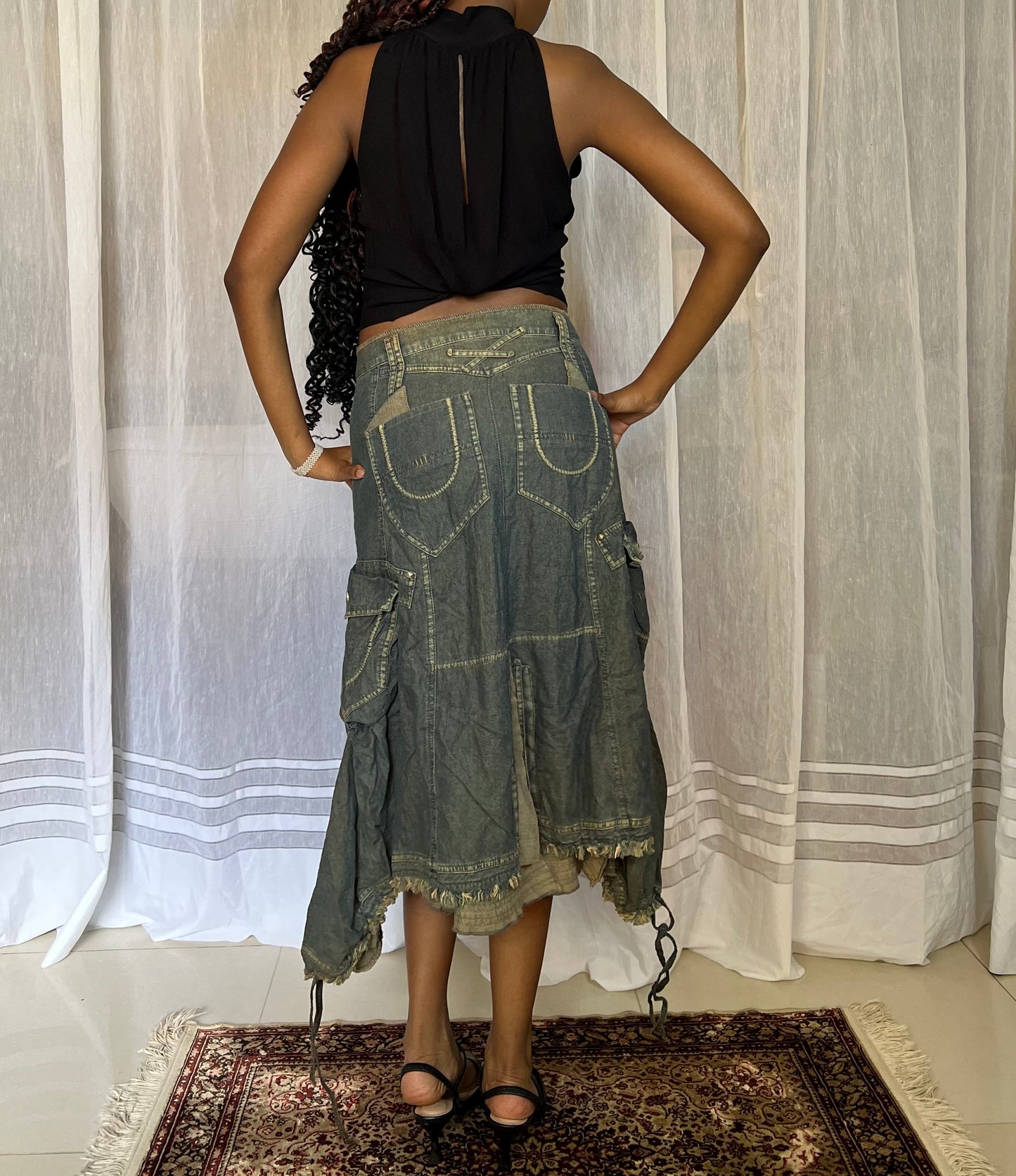 Distressed utility midi skirt