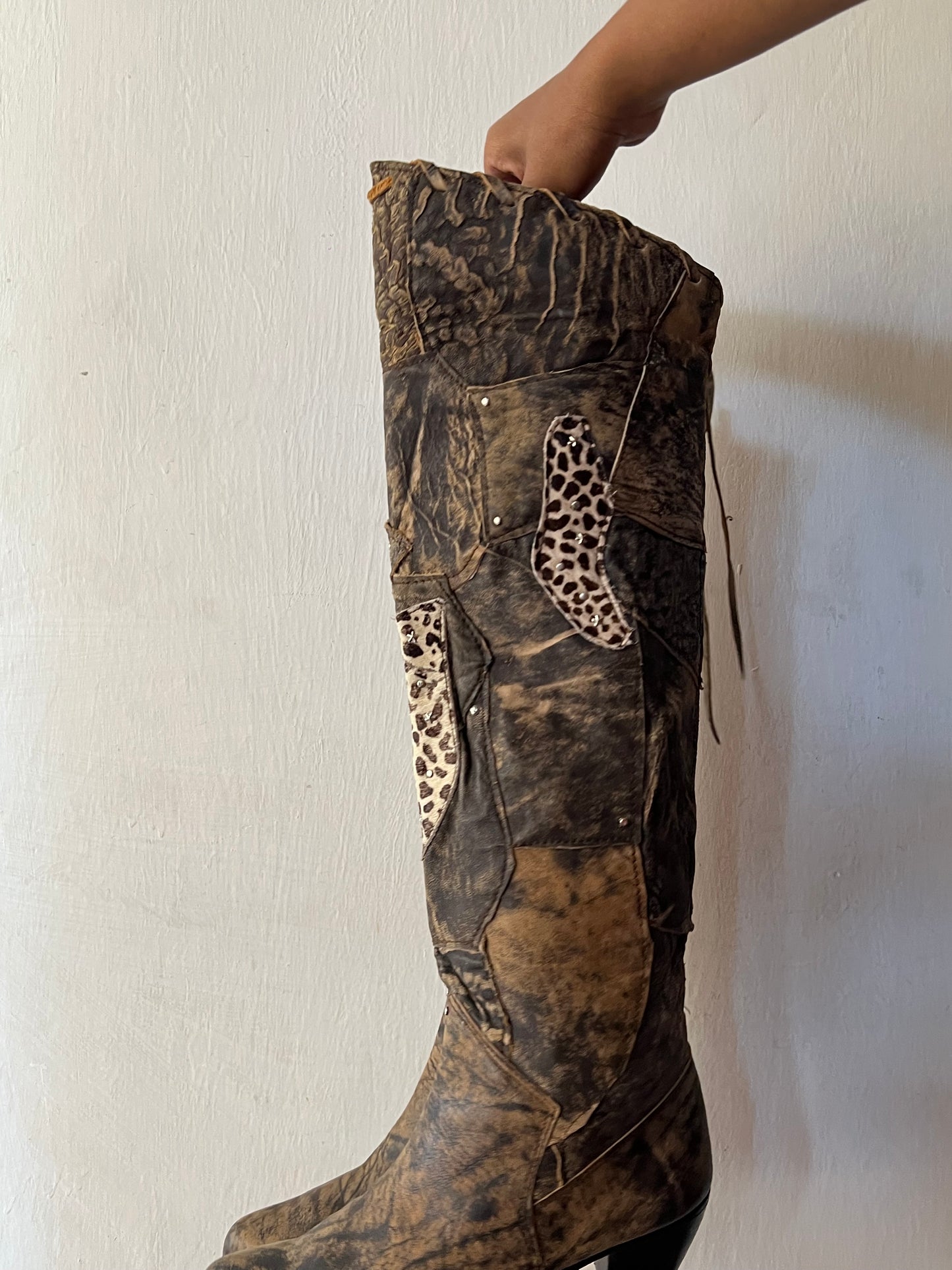 Thigh high animal print patch work boots