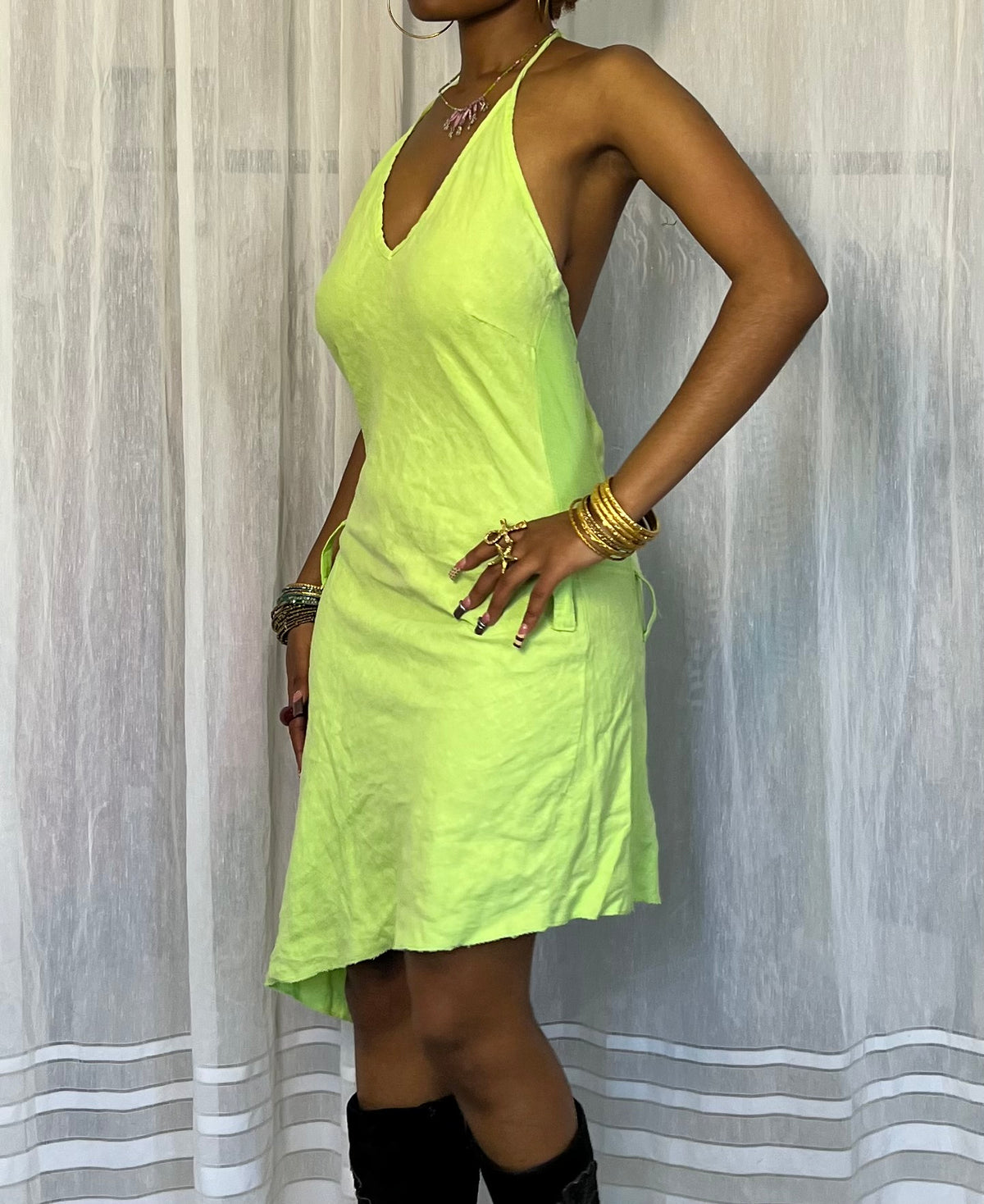 Asymmetrical Green Linen Dress