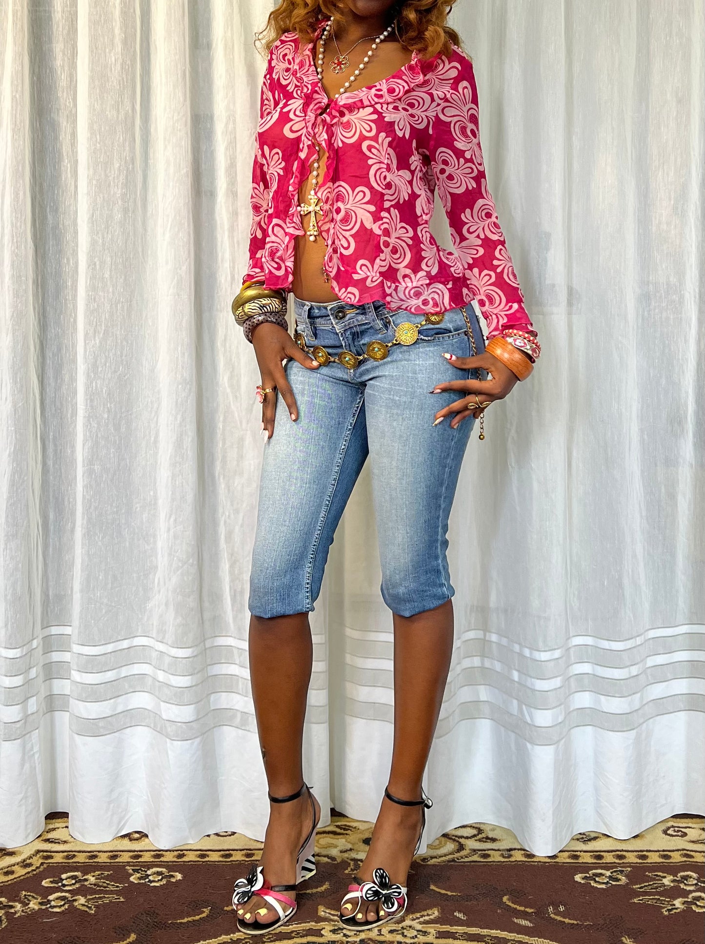 Y2K Floral Chiffon Button-Down Top