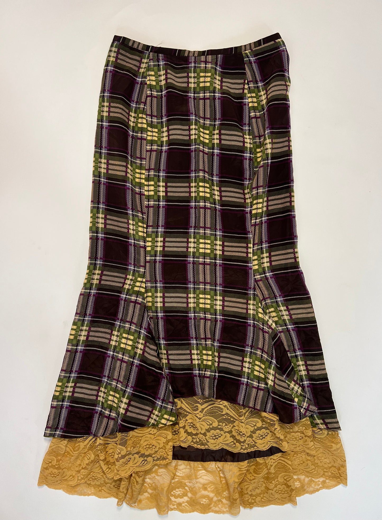 Plaid Lace Trim Silk Midi Skirt