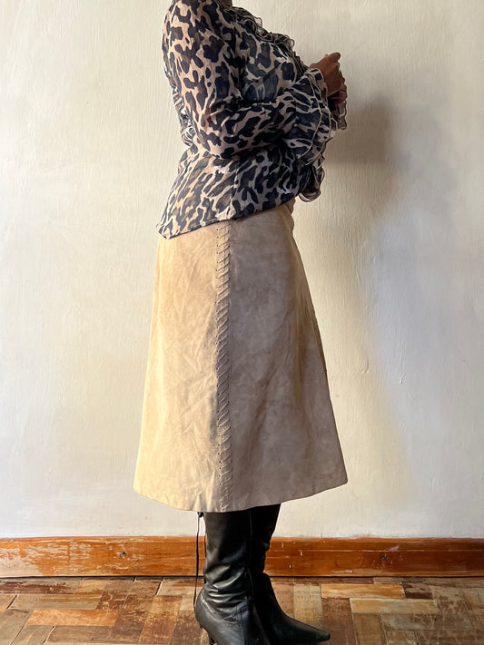 Suede/leather structured midi skirt
