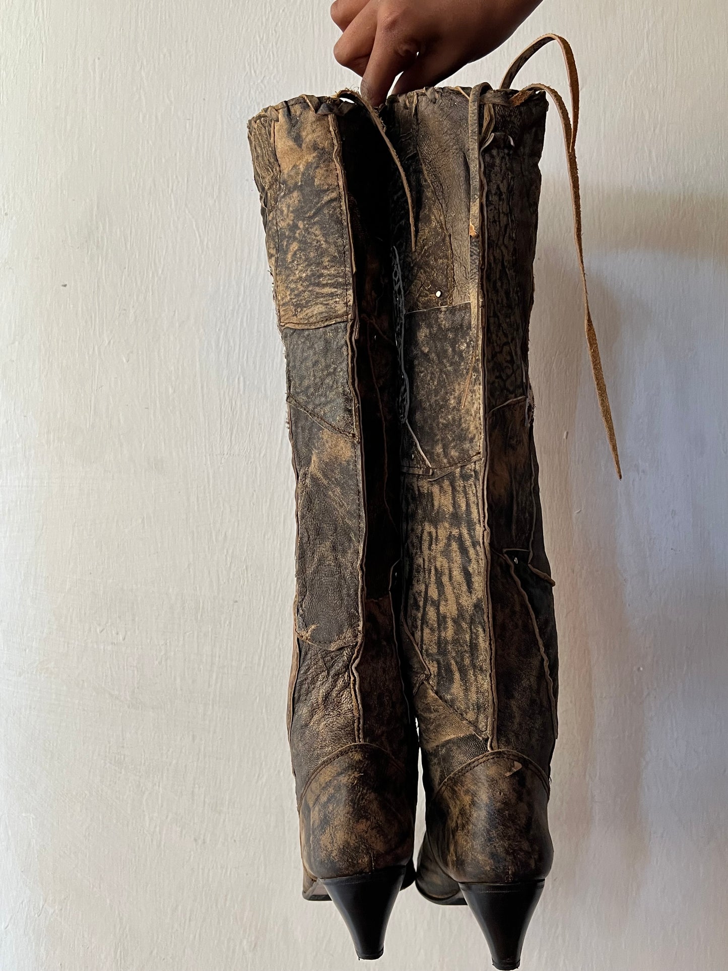 Thigh high animal print patch work boots