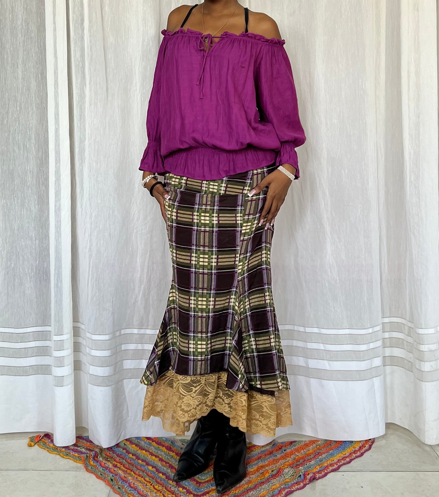Plaid Lace Trim Silk Midi Skirt