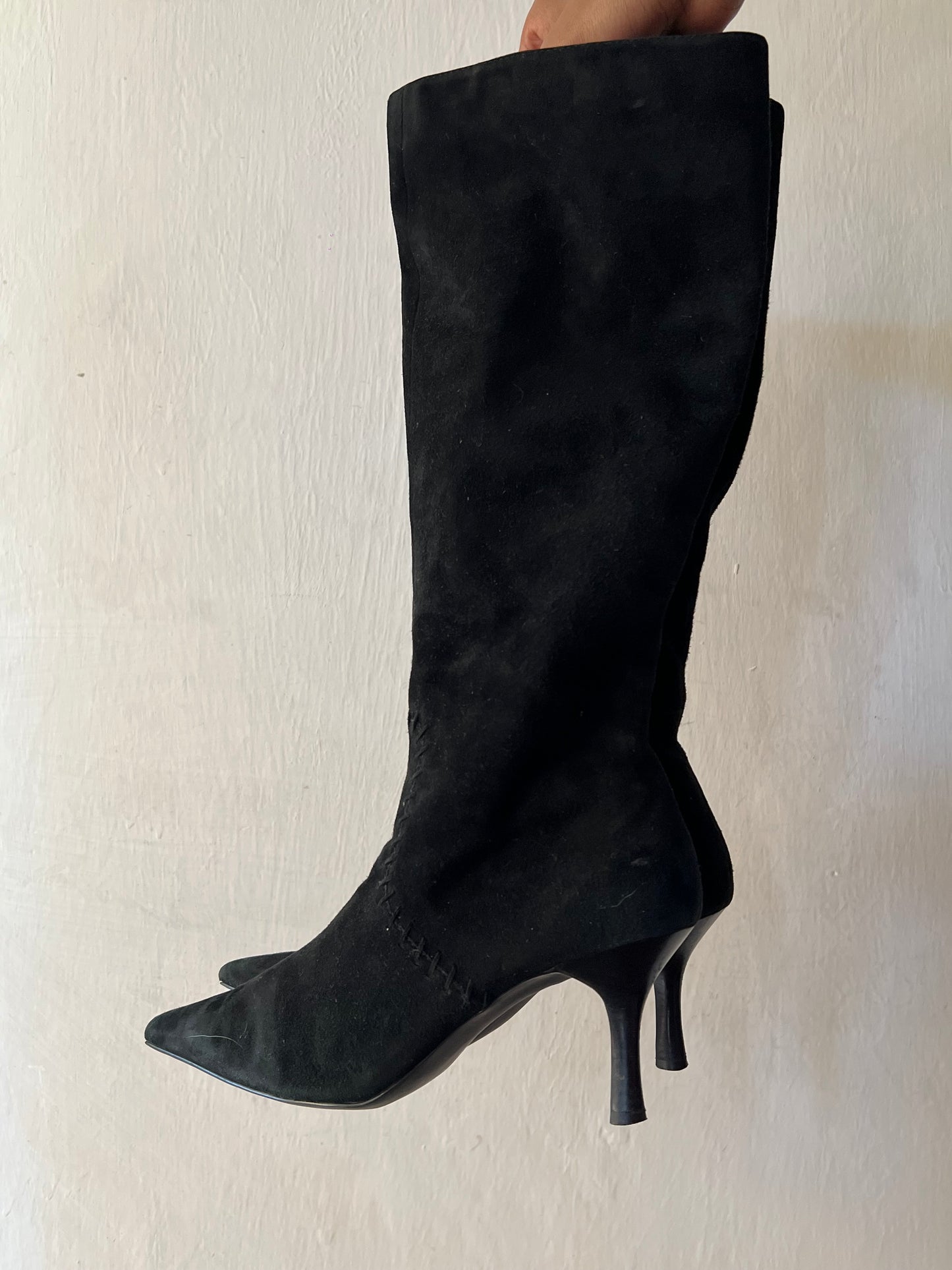 Black pointy toe knee high boots