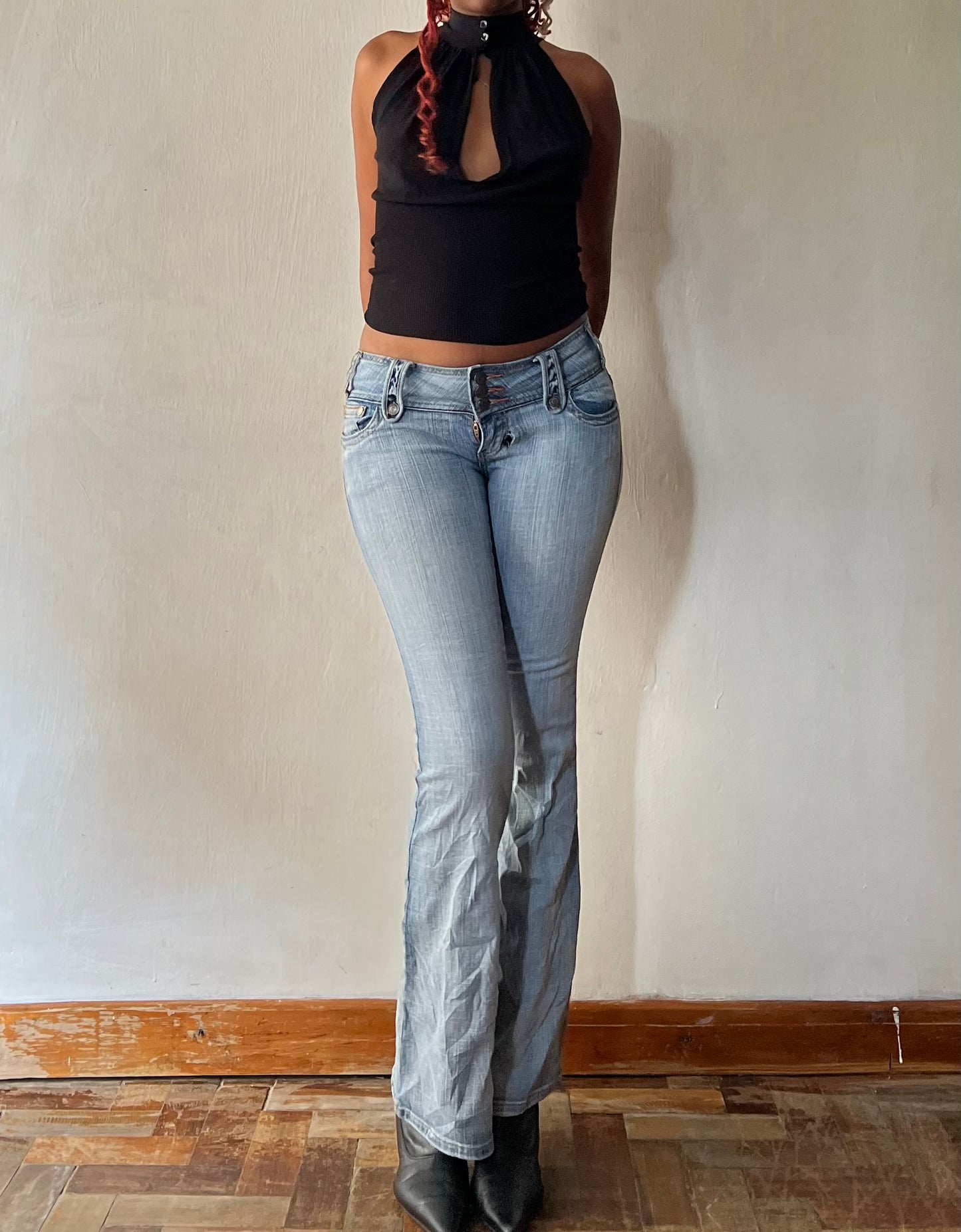Super lowrise light wash boot cut jeans