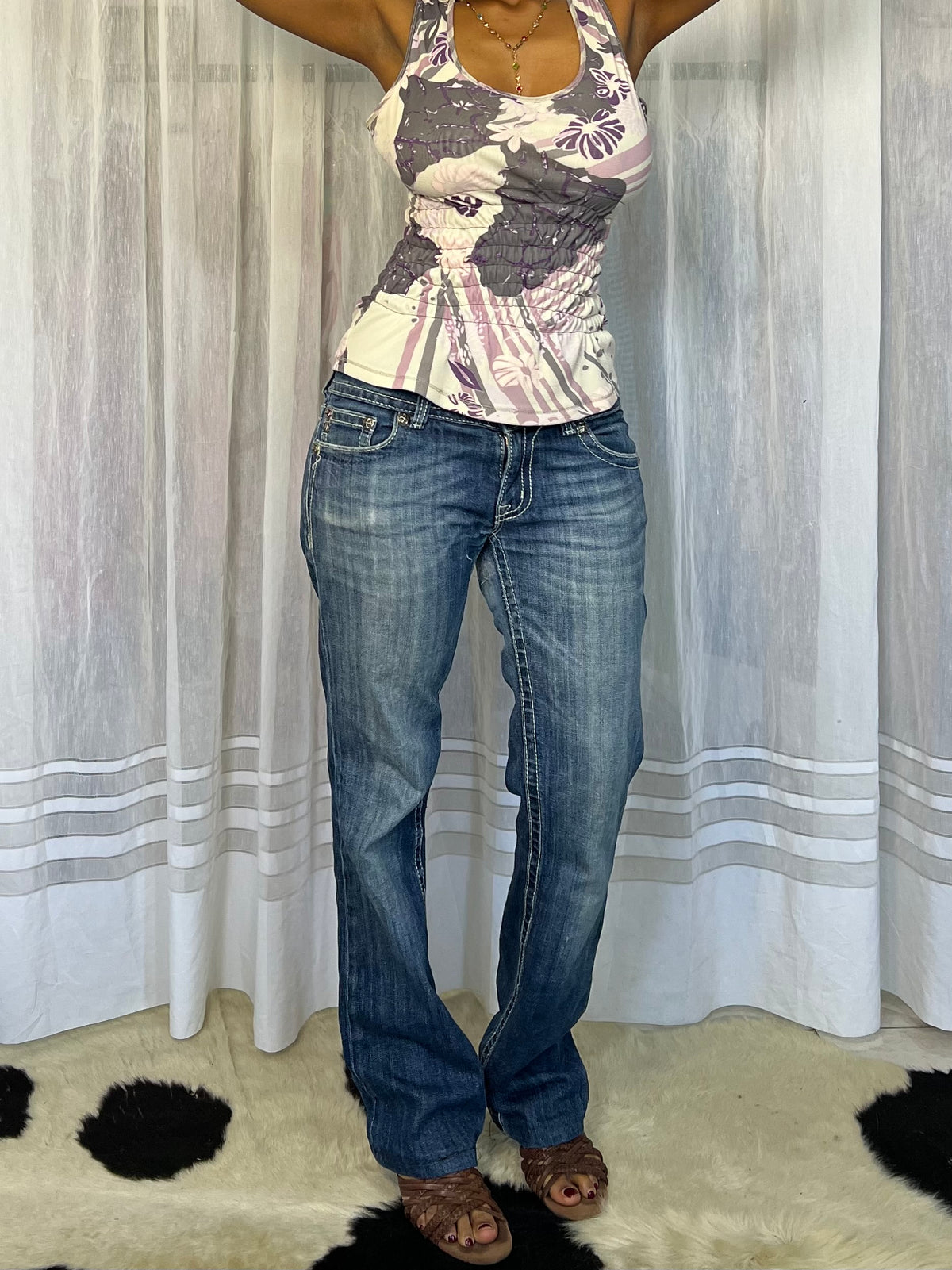smoked mesh floral print top