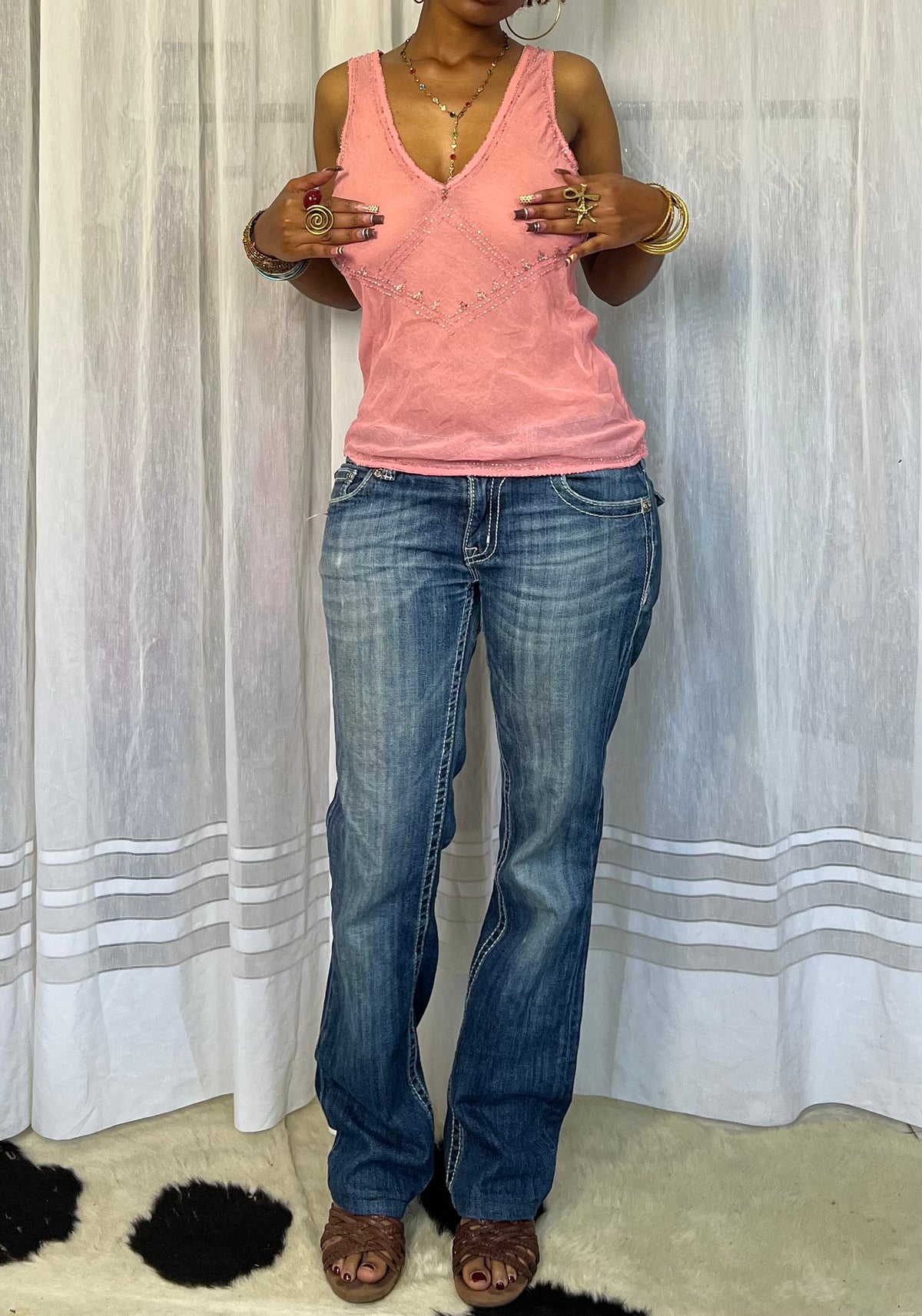 beaded pink sheer mesh top