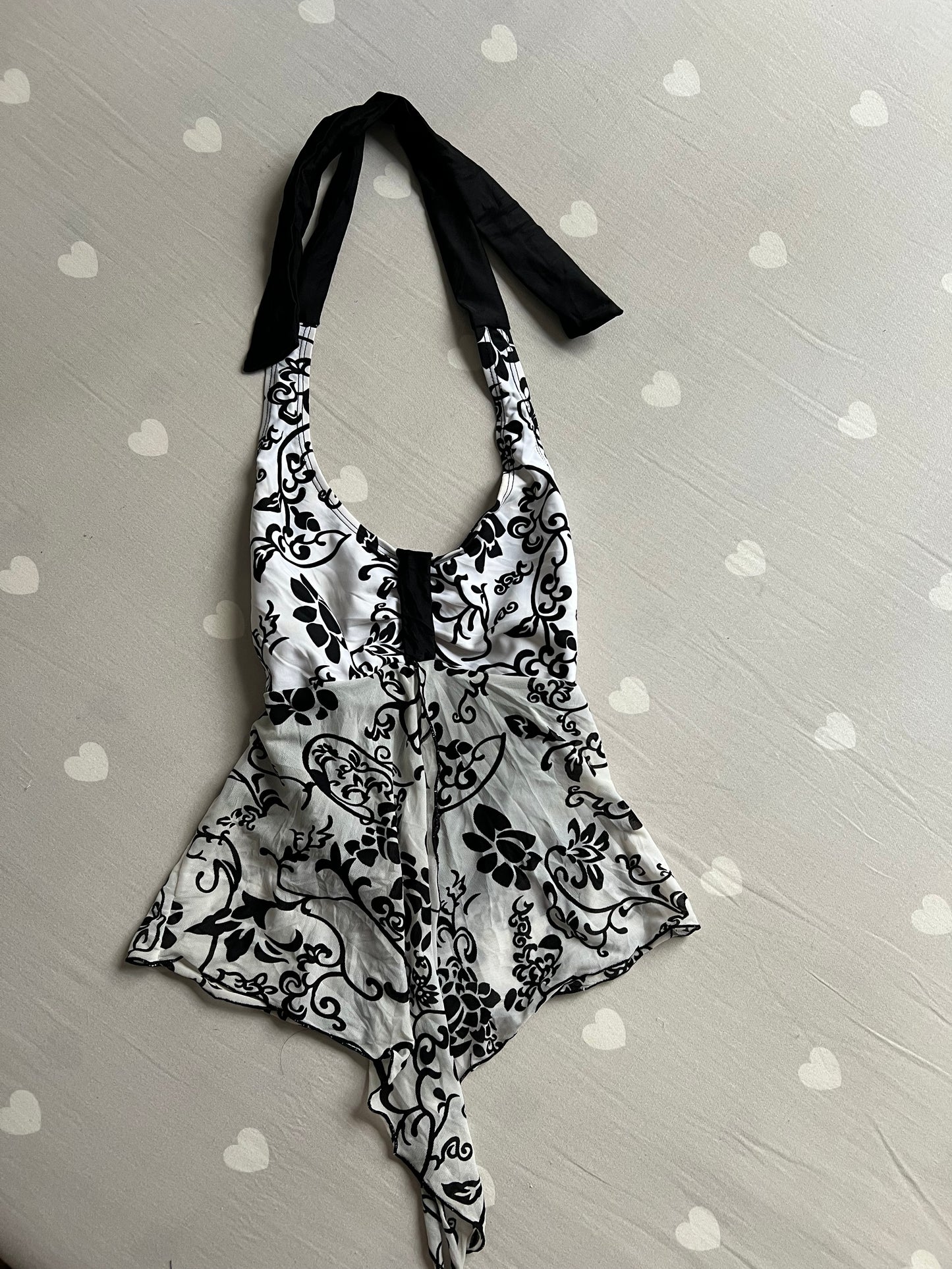 Asymmetrical floral mesh top