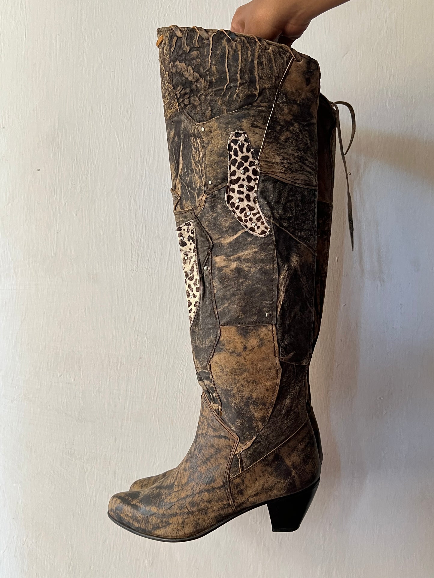 Thigh high animal print patch work boots