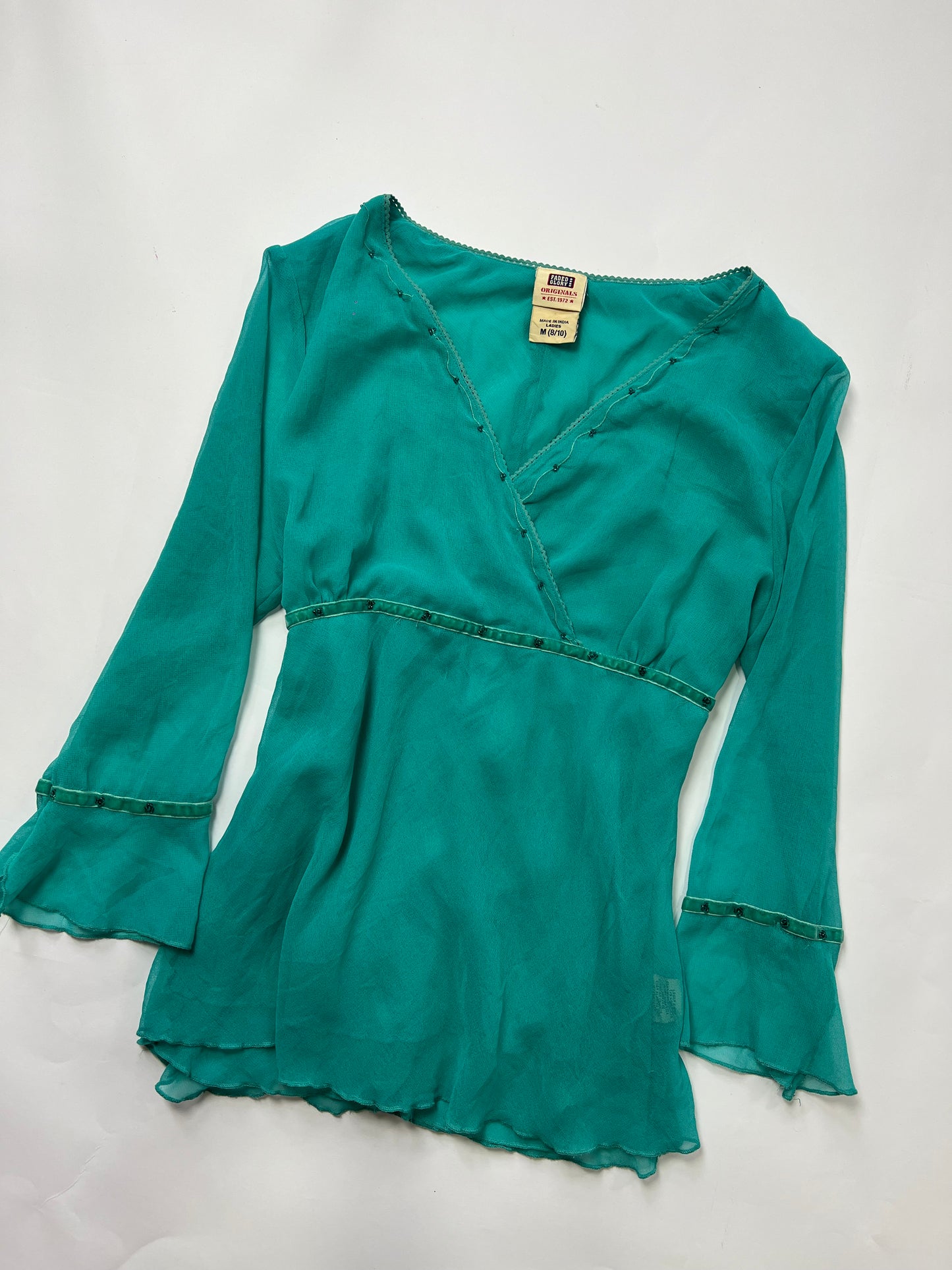 Sheer Beaded Bell Sleeve Blouse