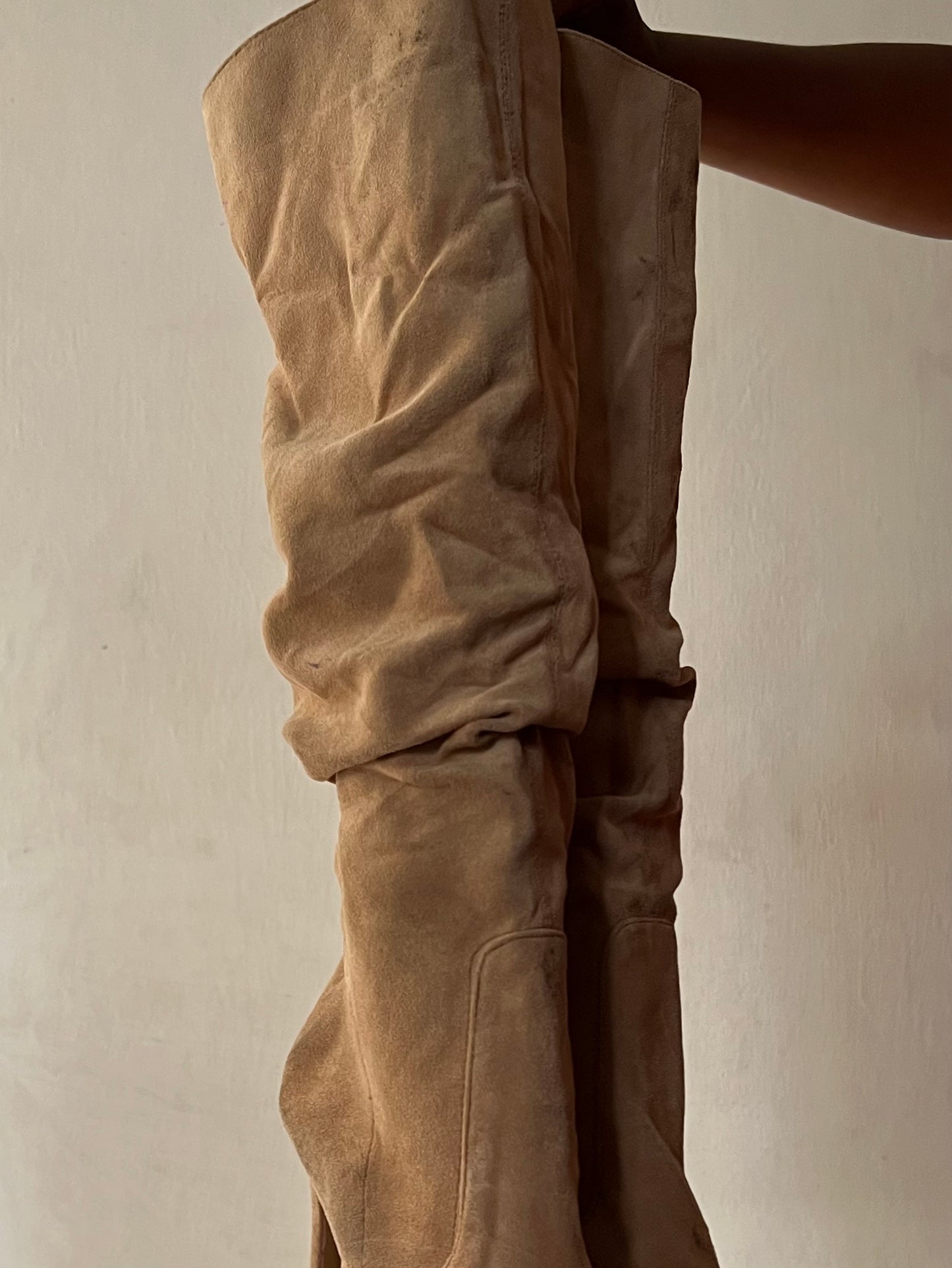 Beige suede ruched boots
