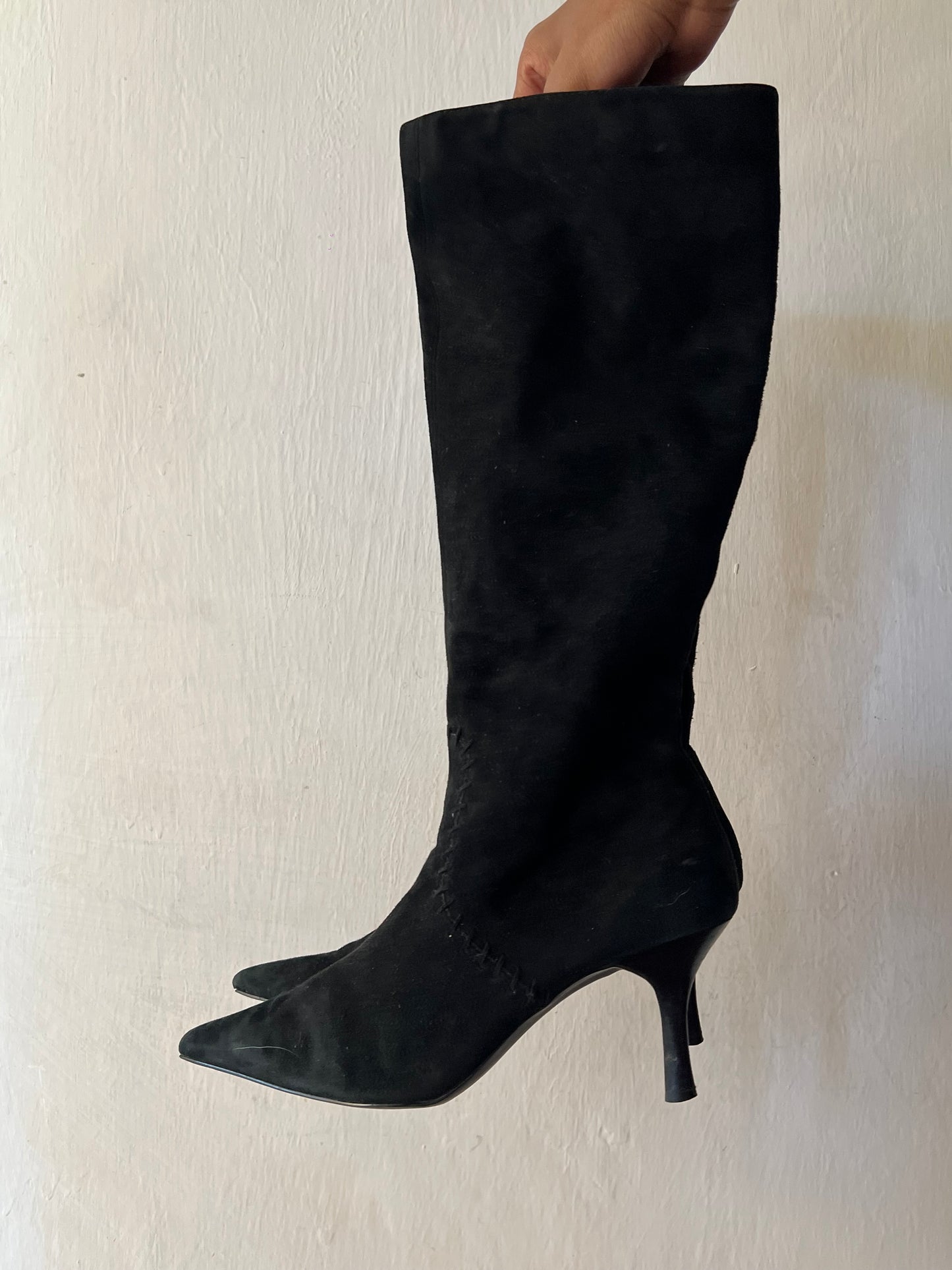 Black pointy toe knee high boots