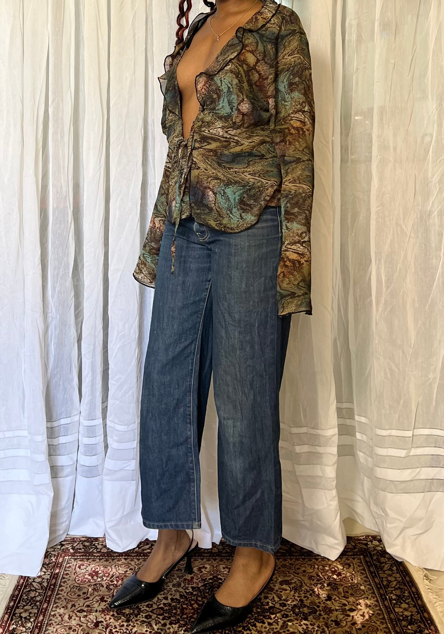 Plunging neck ruffle blouse