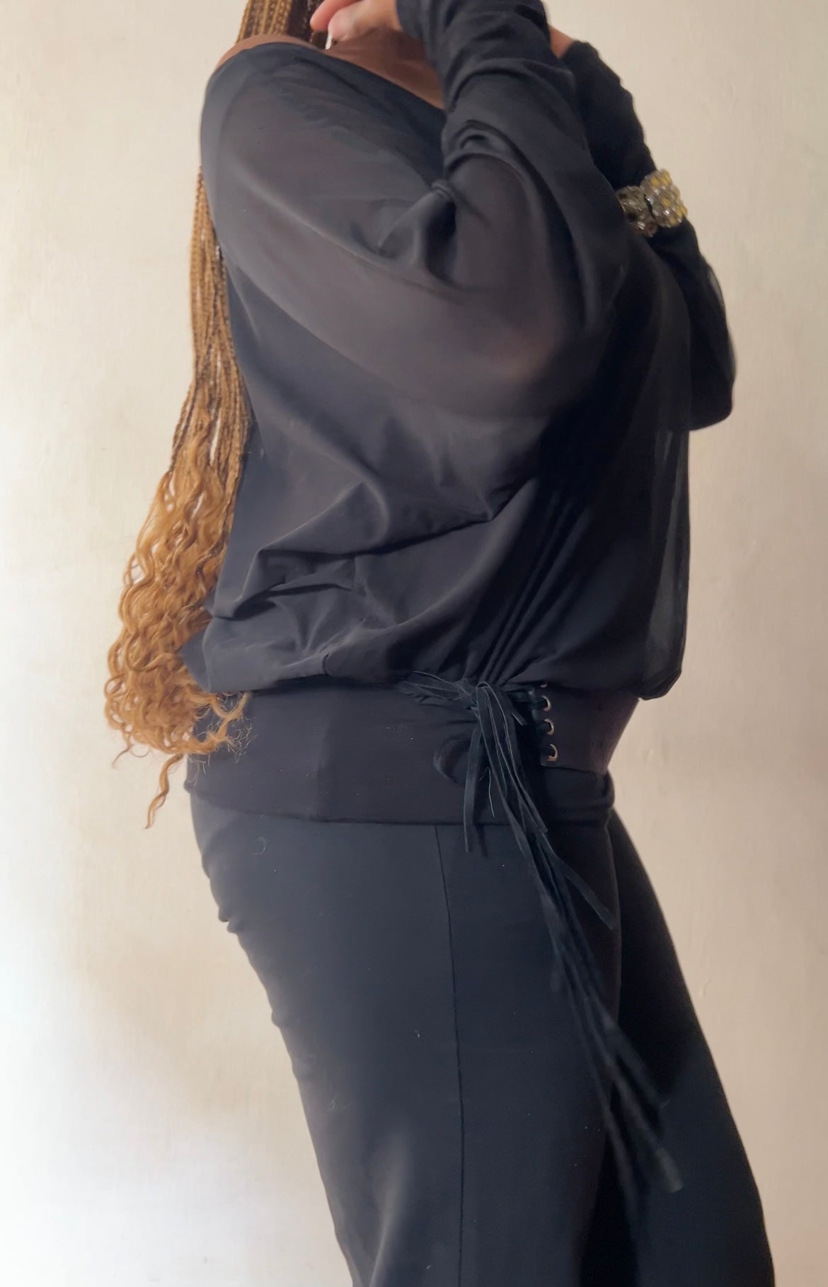 Black wide fitted suede fringe belt