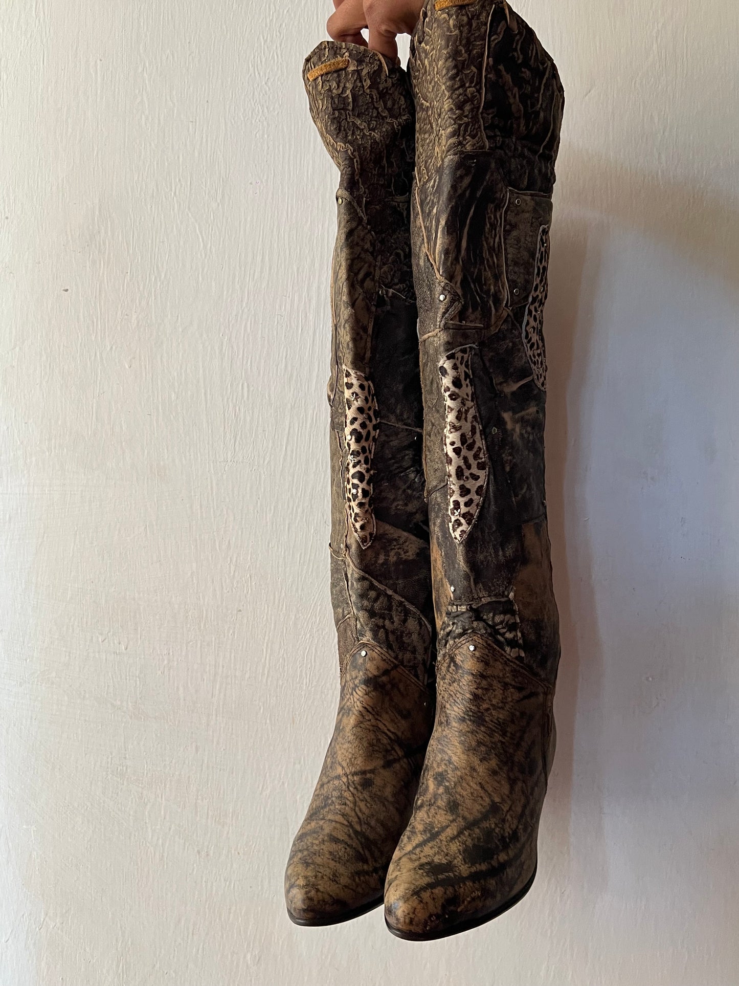 Thigh high animal print patch work boots