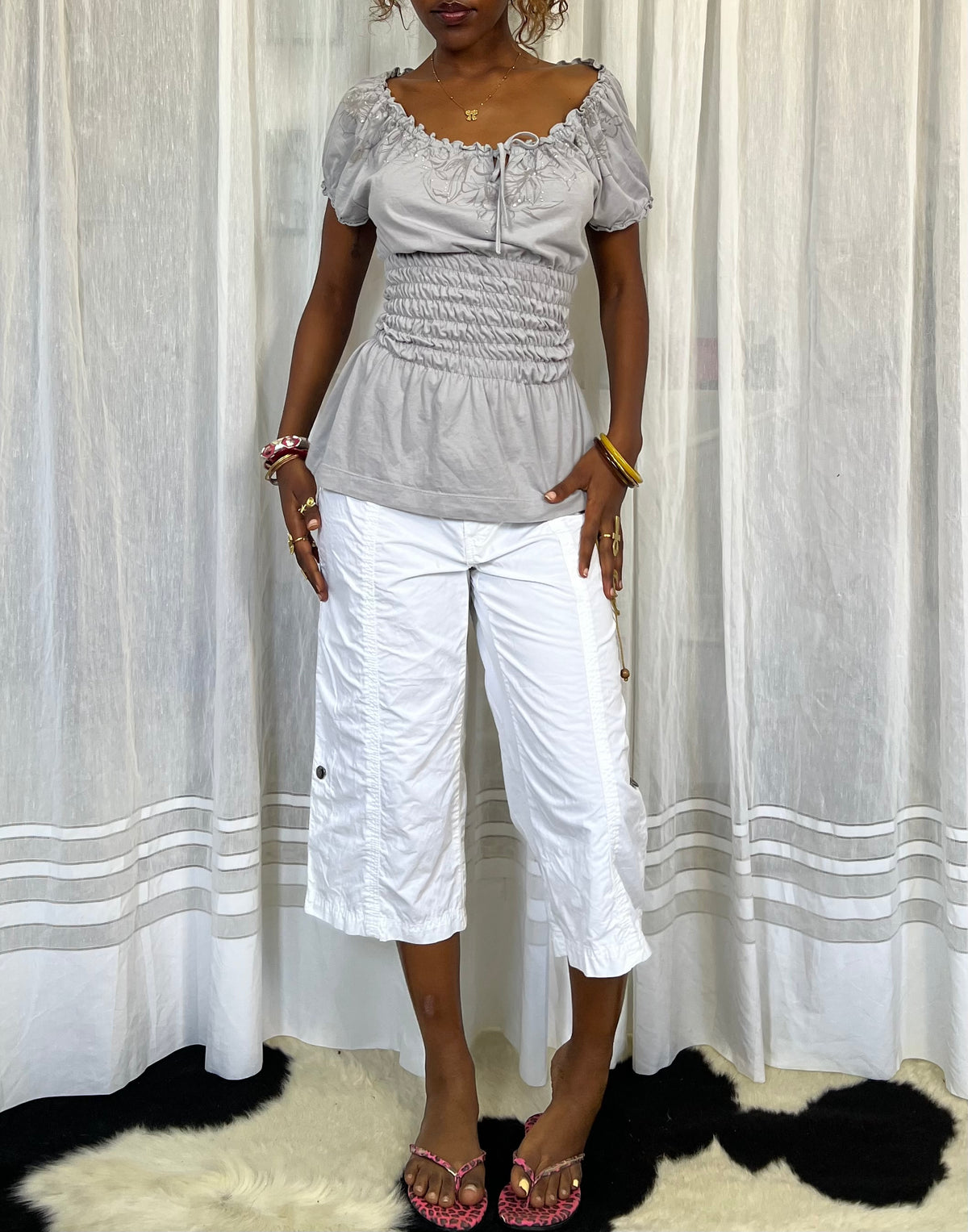 Grey ruched off the shoulder top